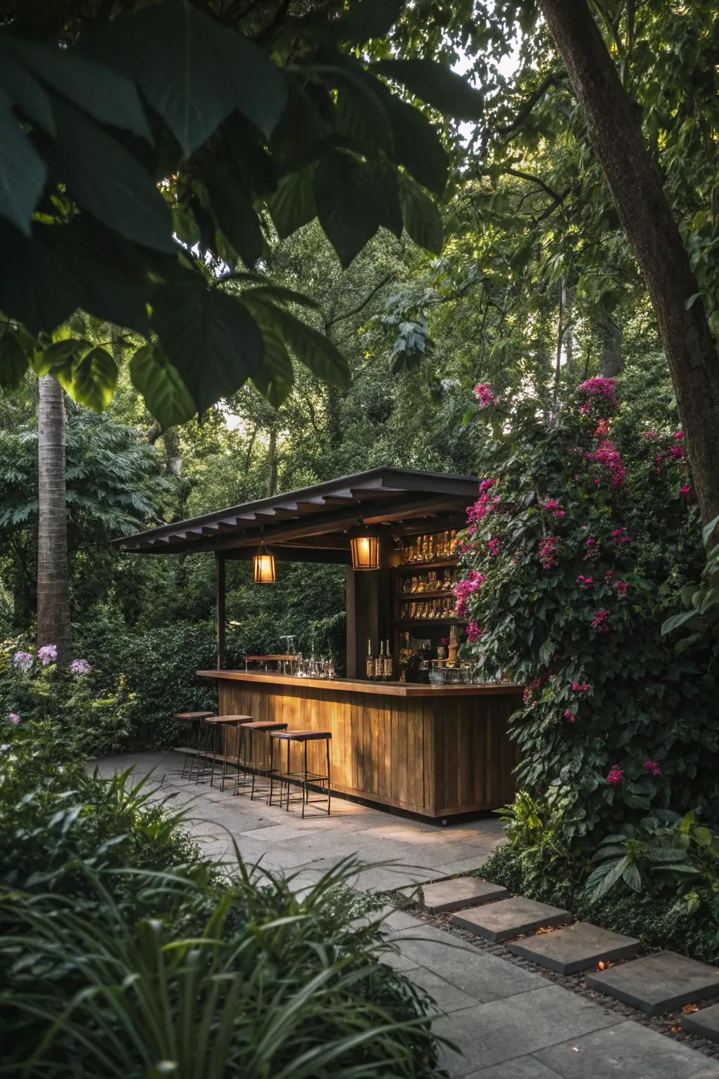 A concealed bar delivers a private getaway.