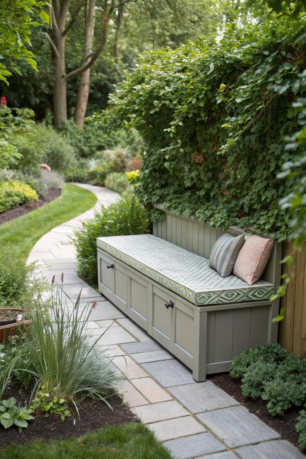 A bench with hidden storage for a clutter-free garden.