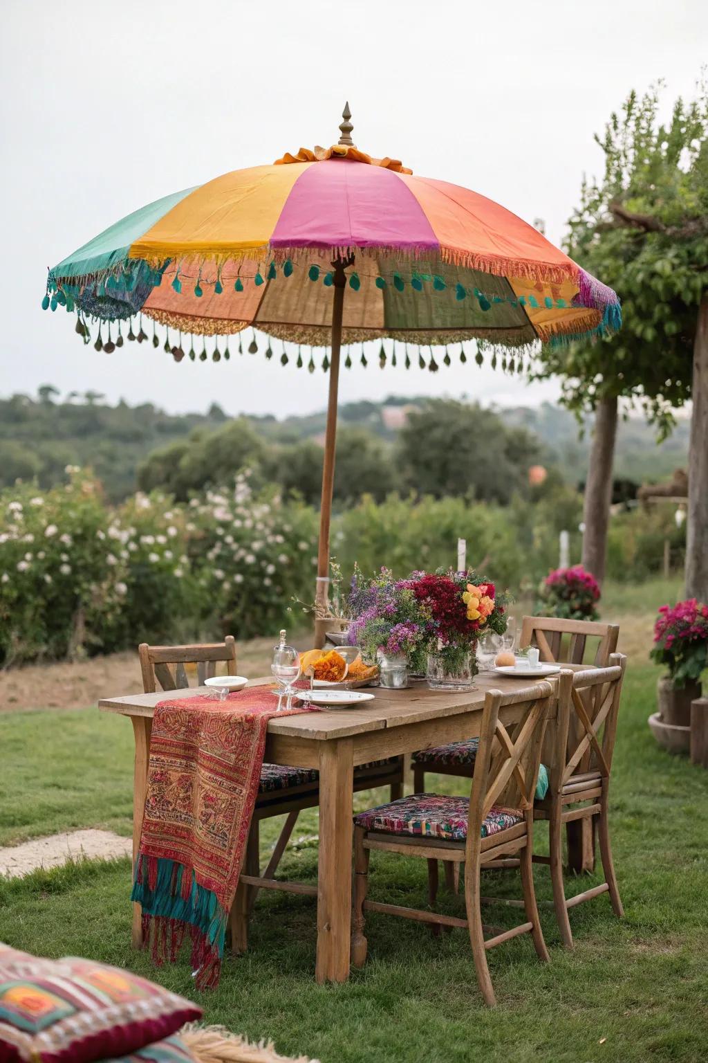 A colorful parasol adding charm to an outdoor dining space.