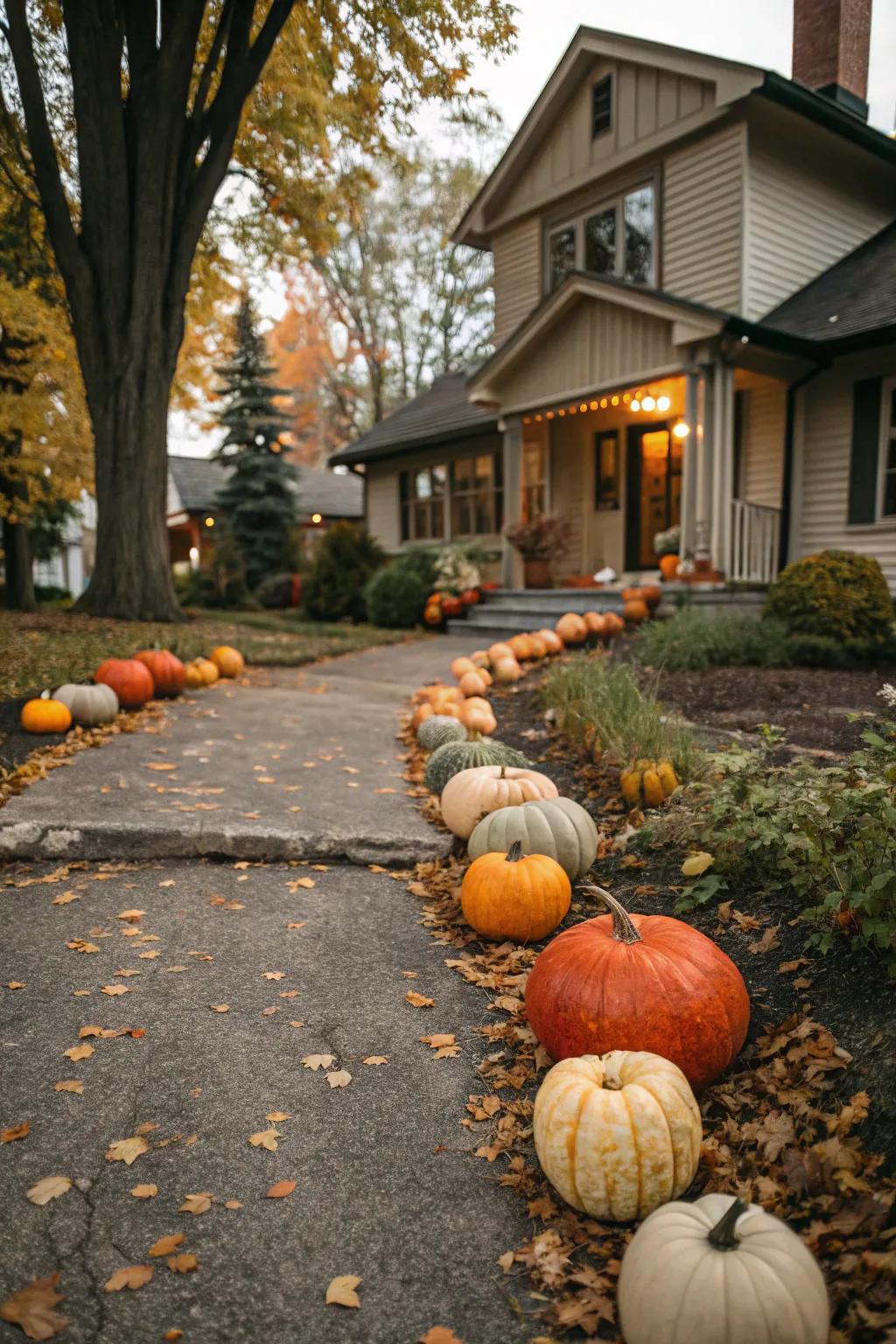 A welcoming gourd pathway leading guests to the Halloween celebrations.