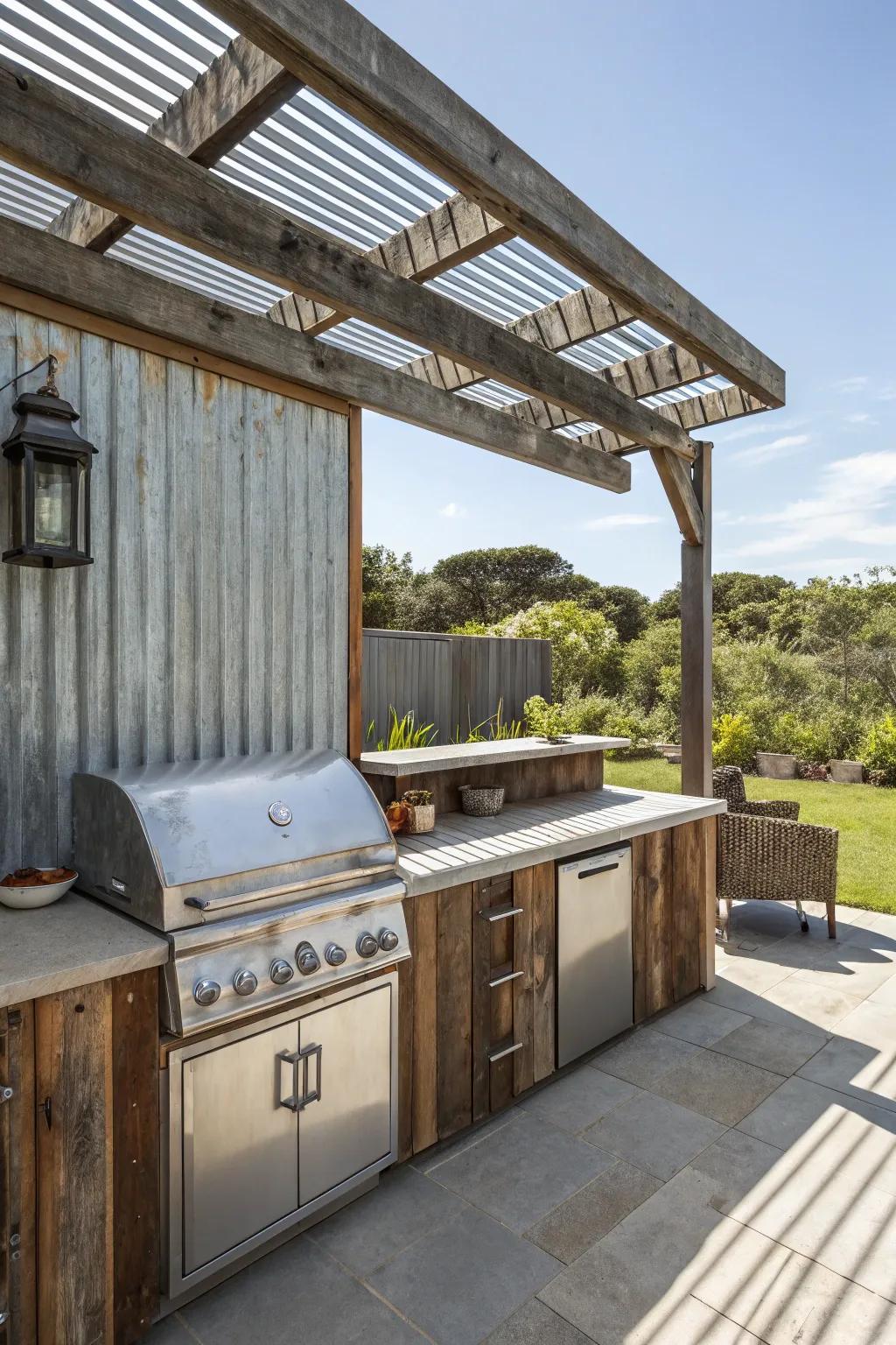 Weathered metal sheet backsplashes offer an edgy and rustic charm to outdoor kitchens.