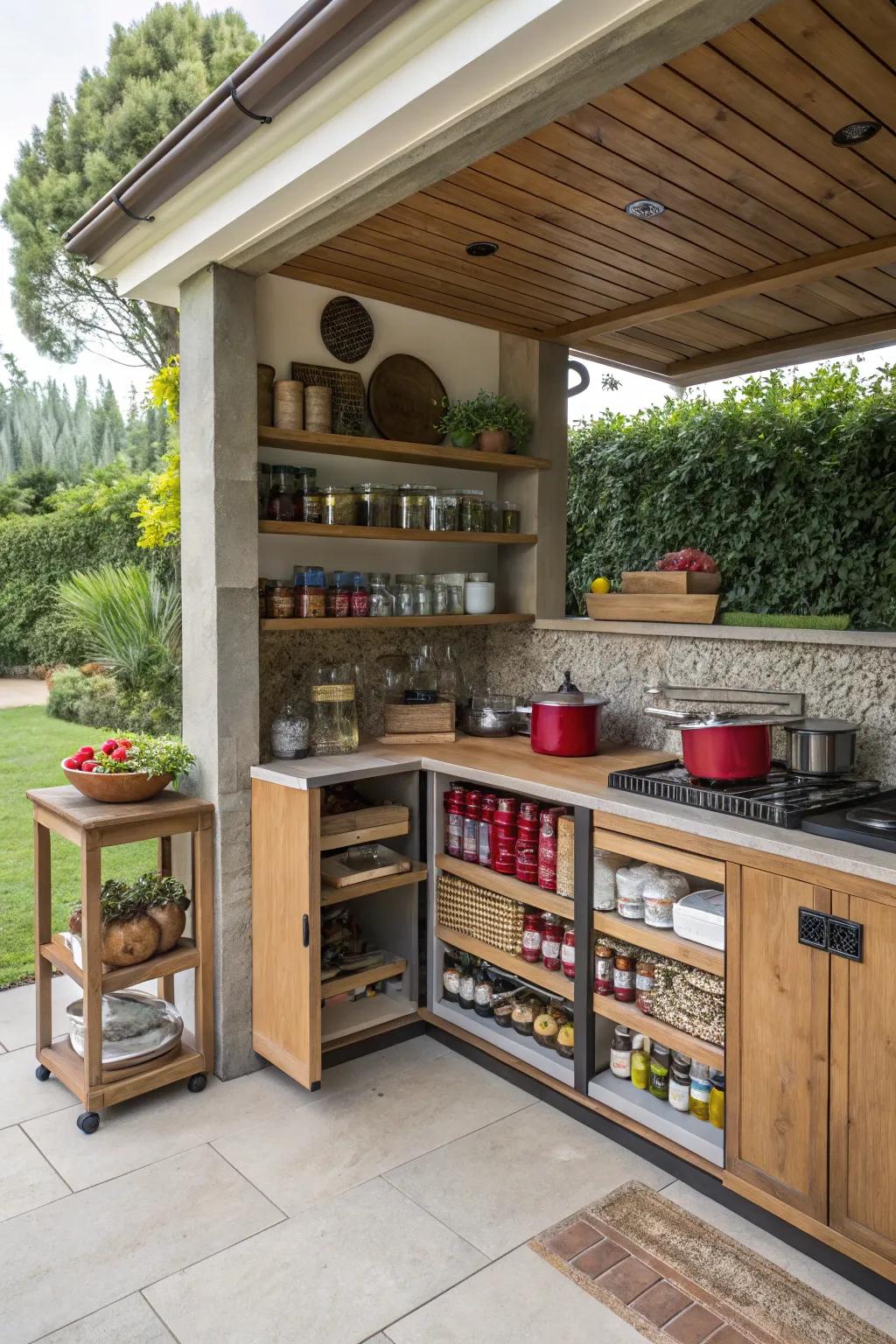 An open-air pantry ensures essentials are always at hand.