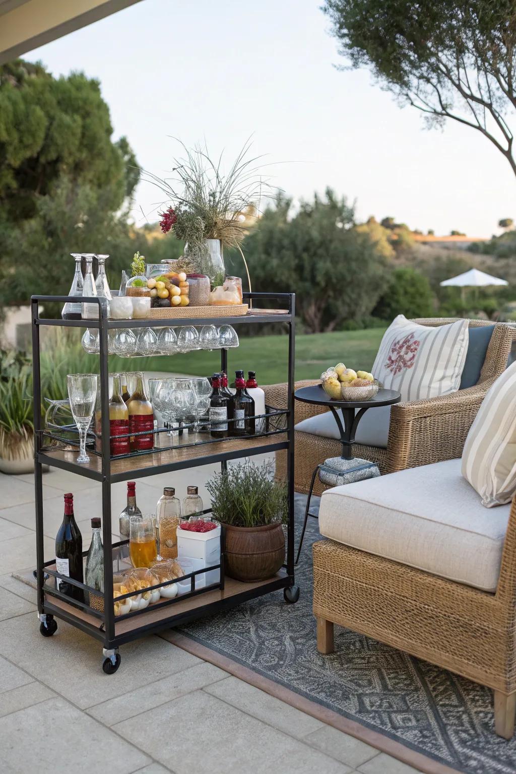 A beverage station is a stylish and functional addition to any outdoor lounge.