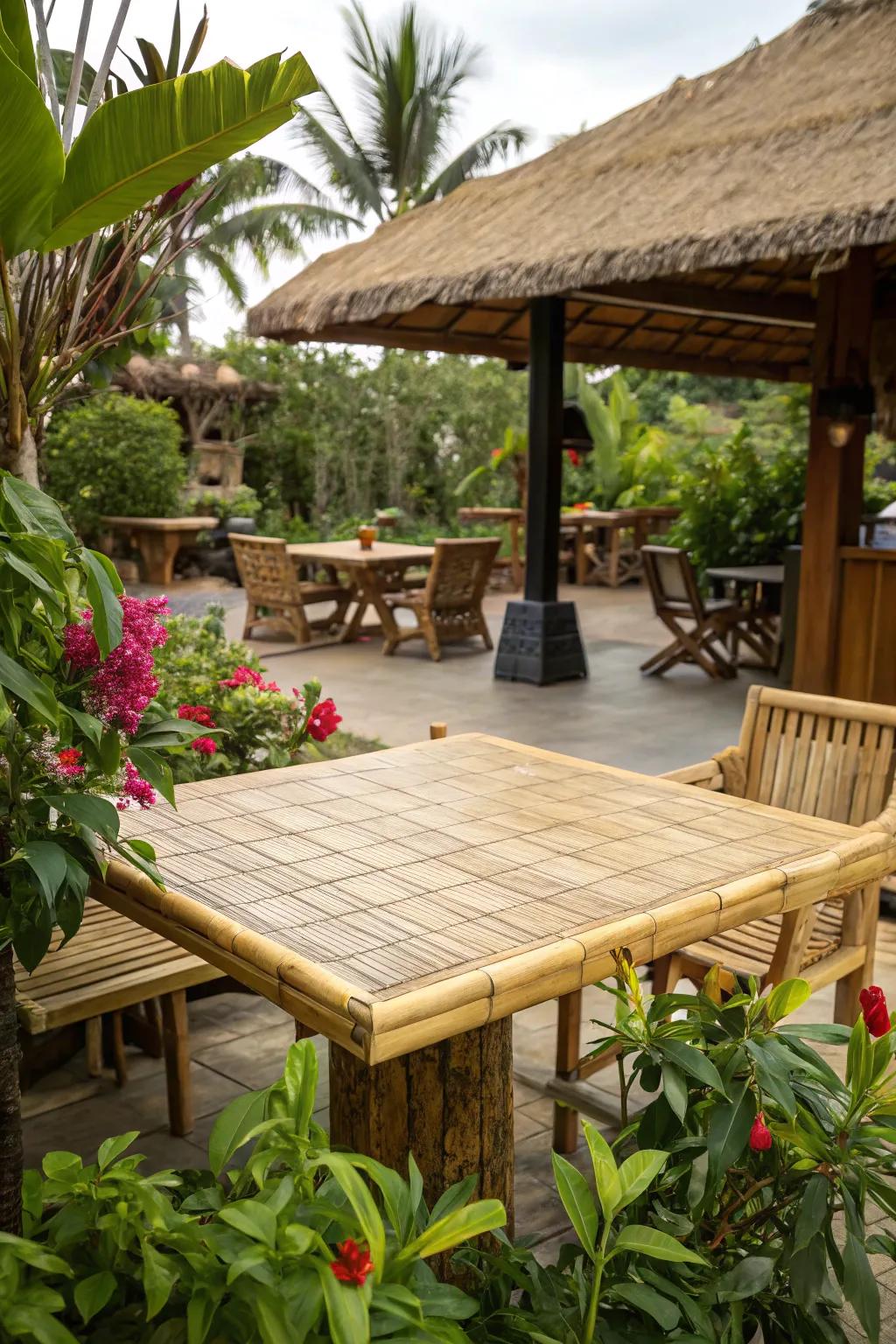 Bamboo table tops offer sustainability with an exotic, tropical flair.