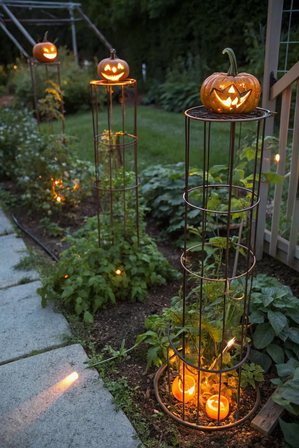 A luminous triad of jack-o'-lanterns illuminates your route.