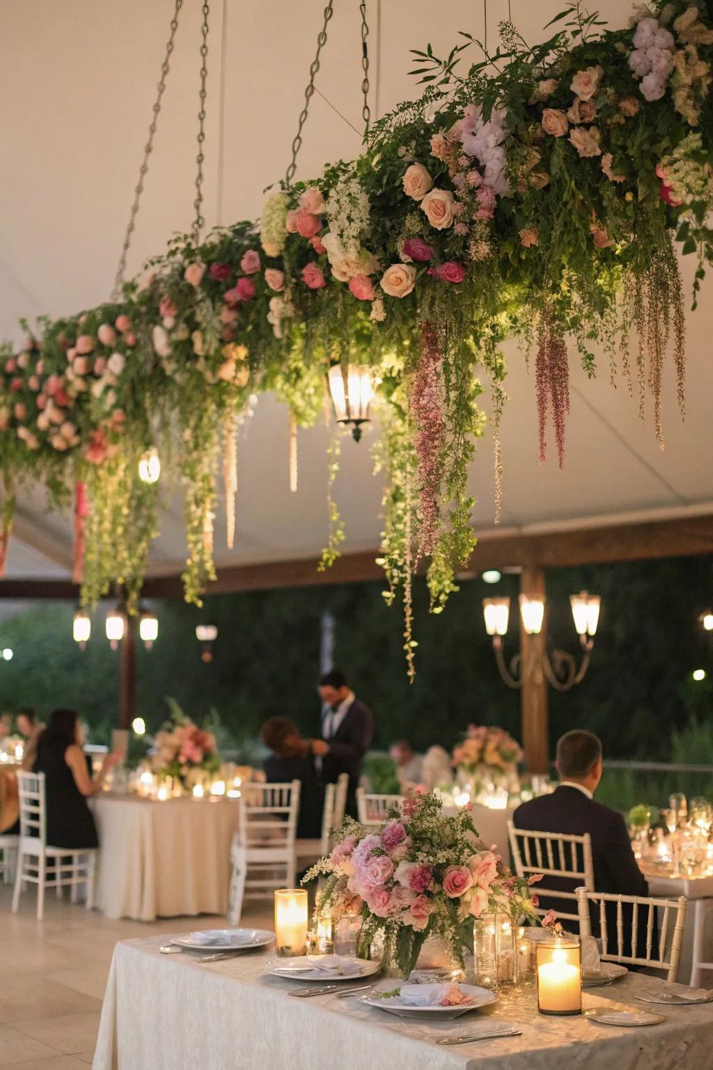 Amaze your attendees with suspended bloom art.