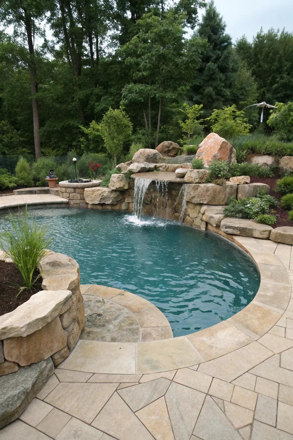 A waterfall feature adds soothing sounds and visual appeal.