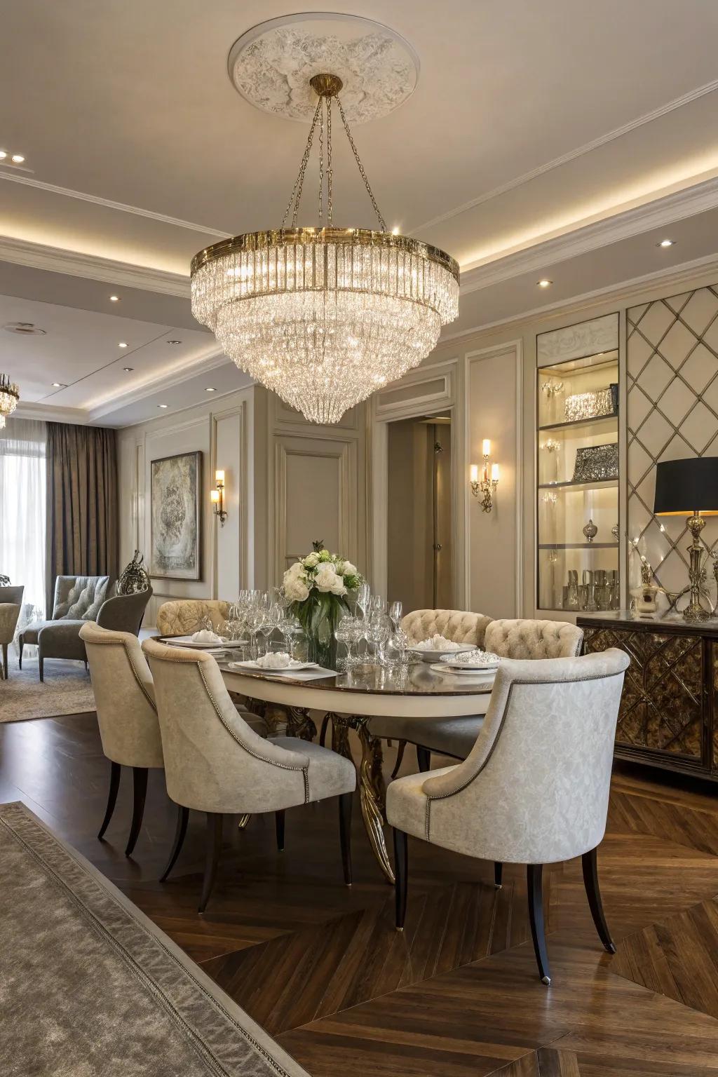 'Glimmer' Crystal fixtures bring glamour and sparkle to the dining room.