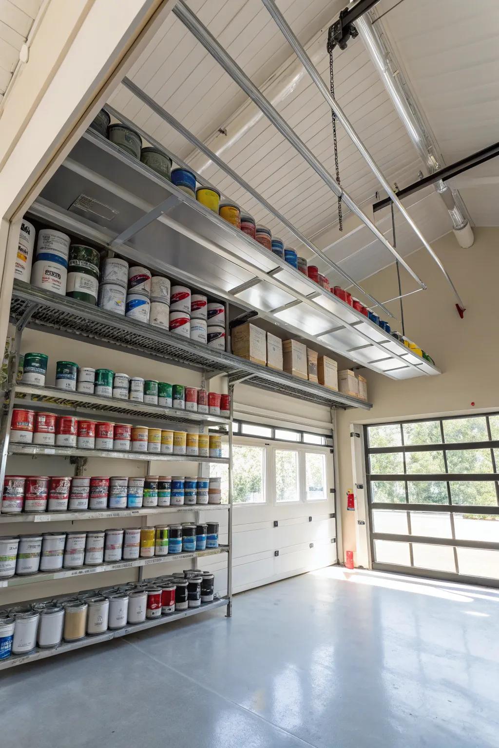 Overhead storage racks with paint cans in a garage.