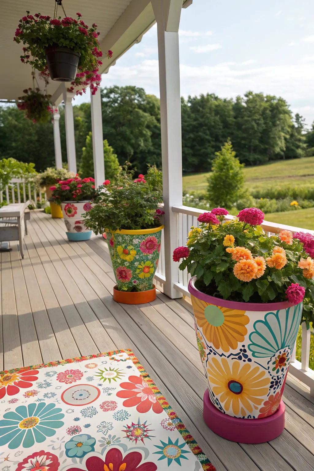 A deck adorned with bright floral patterns, bringing the garden right to your door.