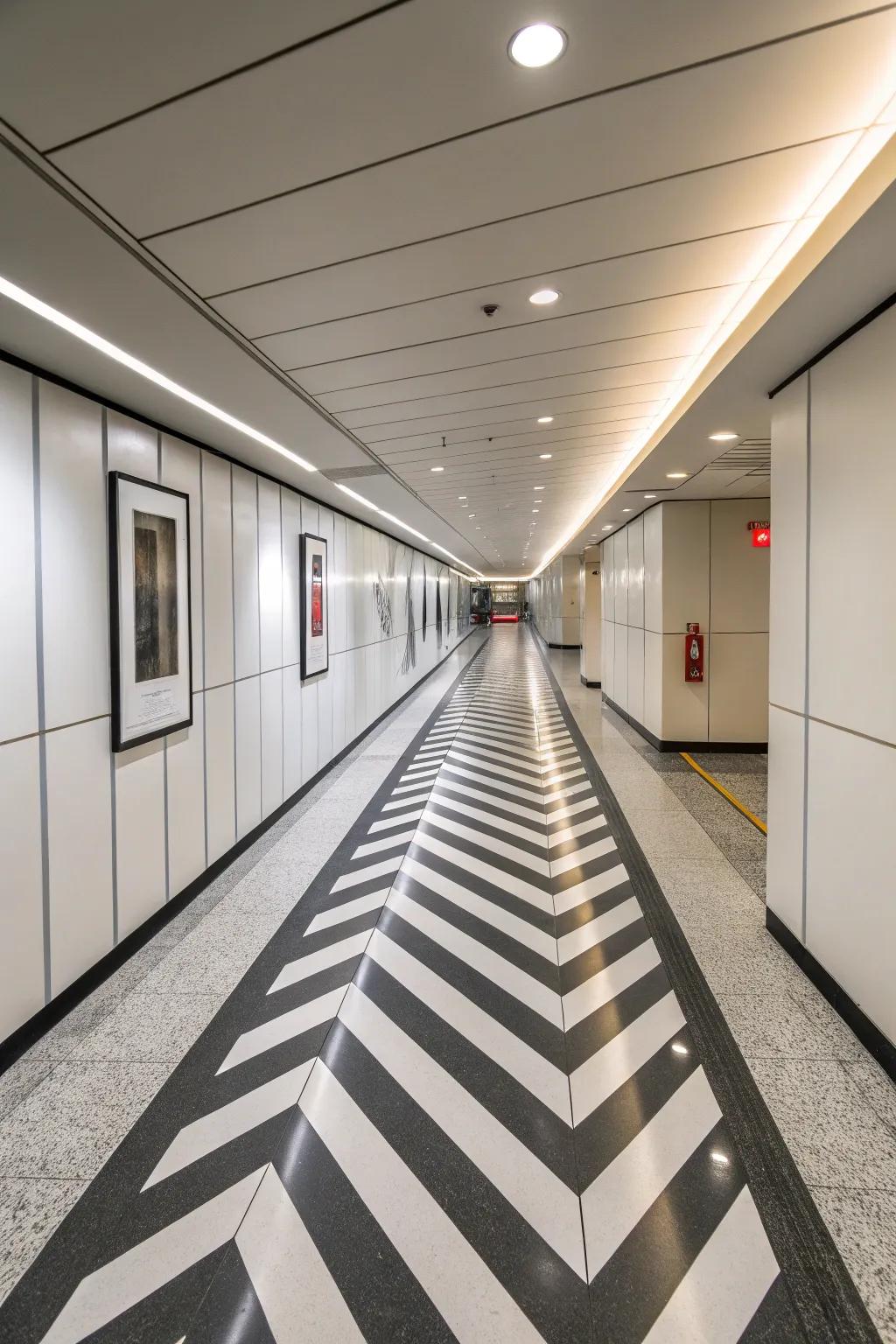 A hall improved by floors painted with diagonal lines, making the space look bigger.