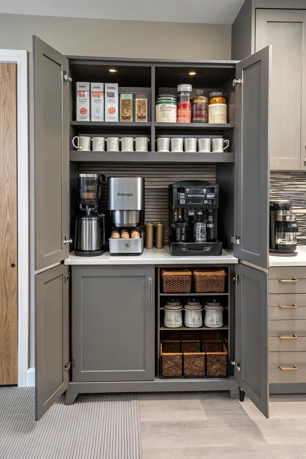 A secret coffee bar keeps necessities out of sight with style.