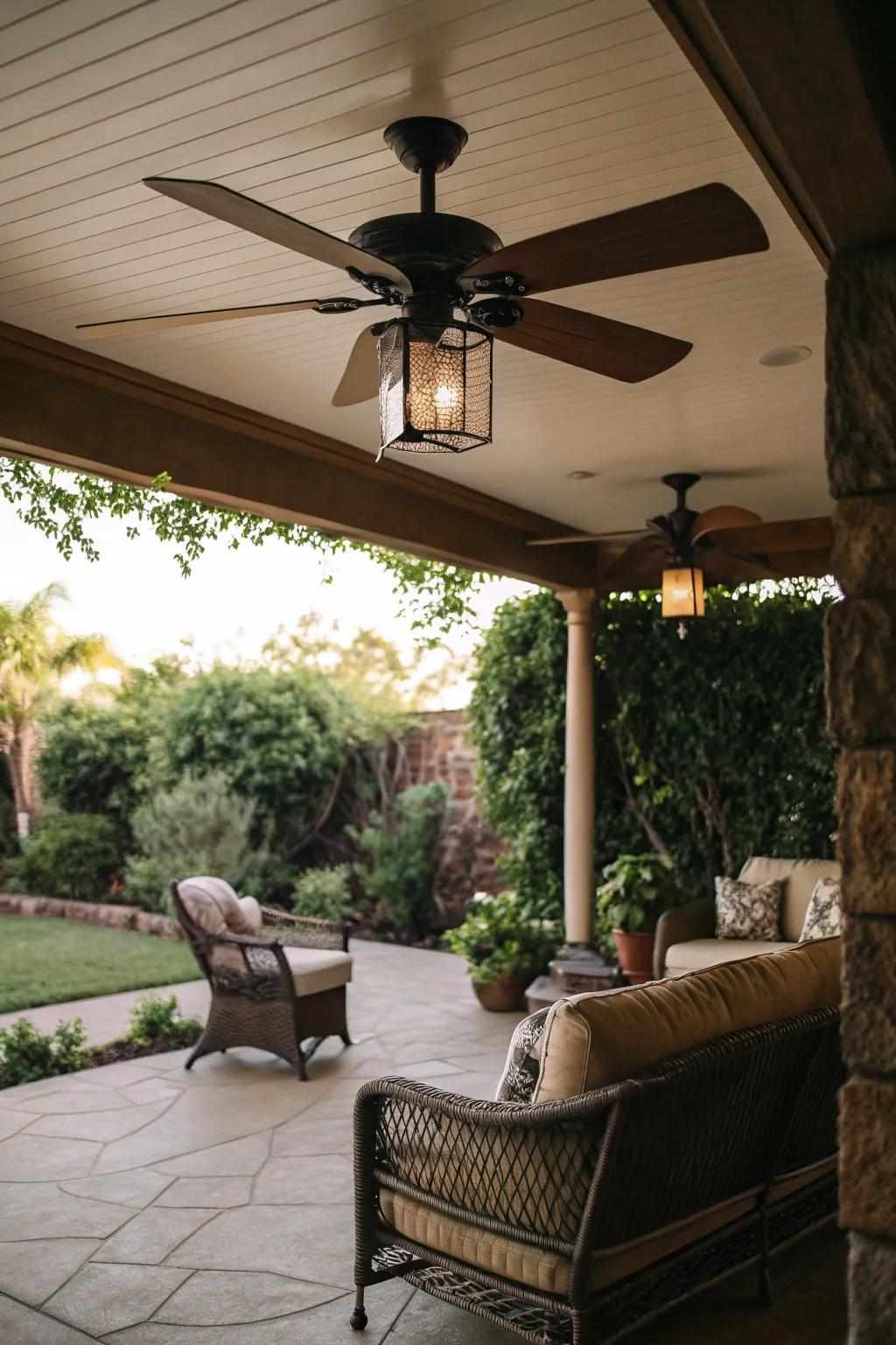 A cozy patio featuring a low-profile ceiling fan for intimate gatherings.