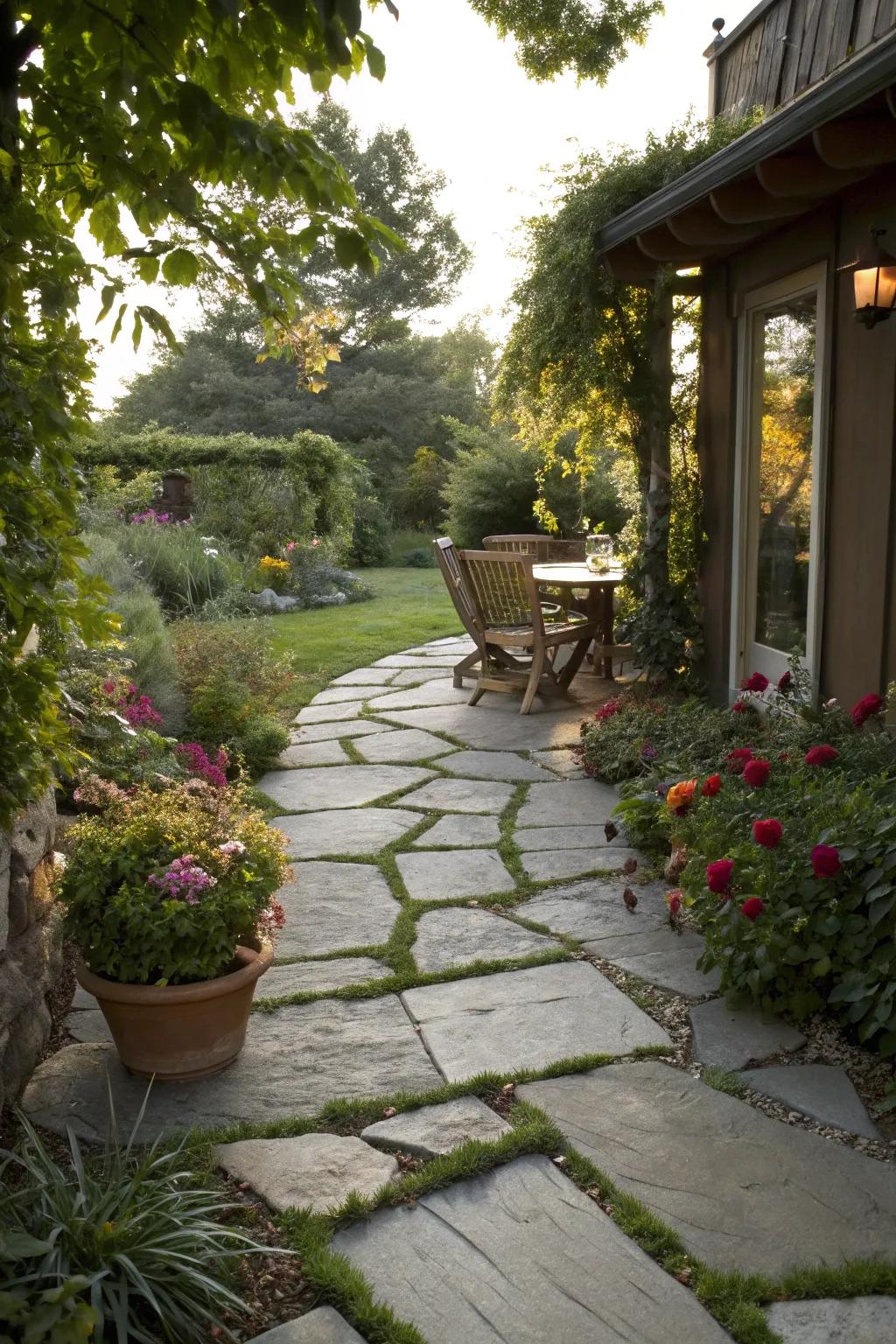 A stone walkway fashioning a captivating entry to a patio.