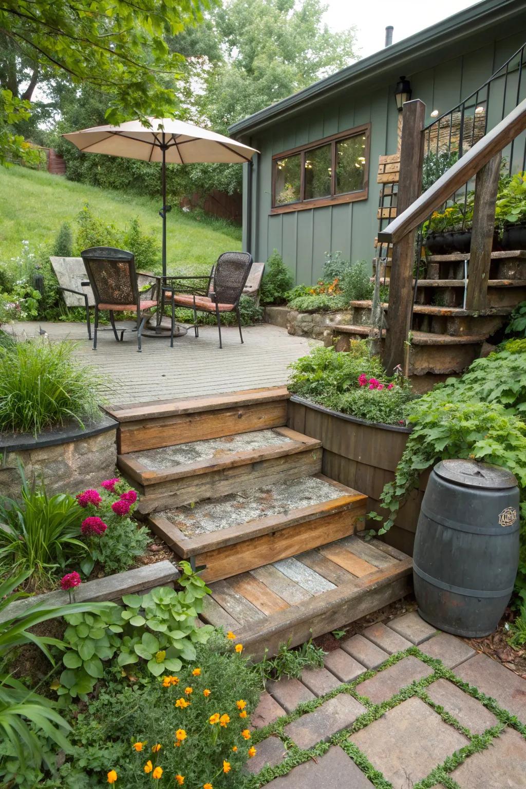 Repurposed stuff for sustainable patio steps.