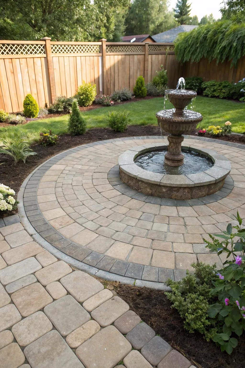 A paver patio with a circular design, spotlighting a central water fountain.