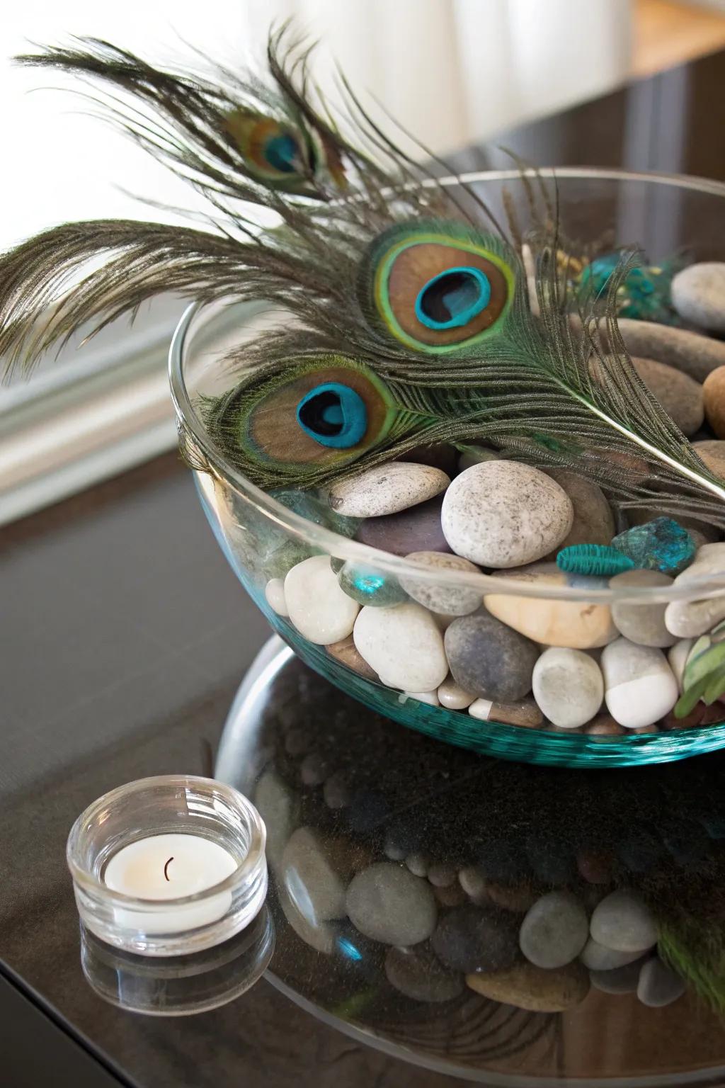 A textured centerpiece showcasing layers of stones and plumes.