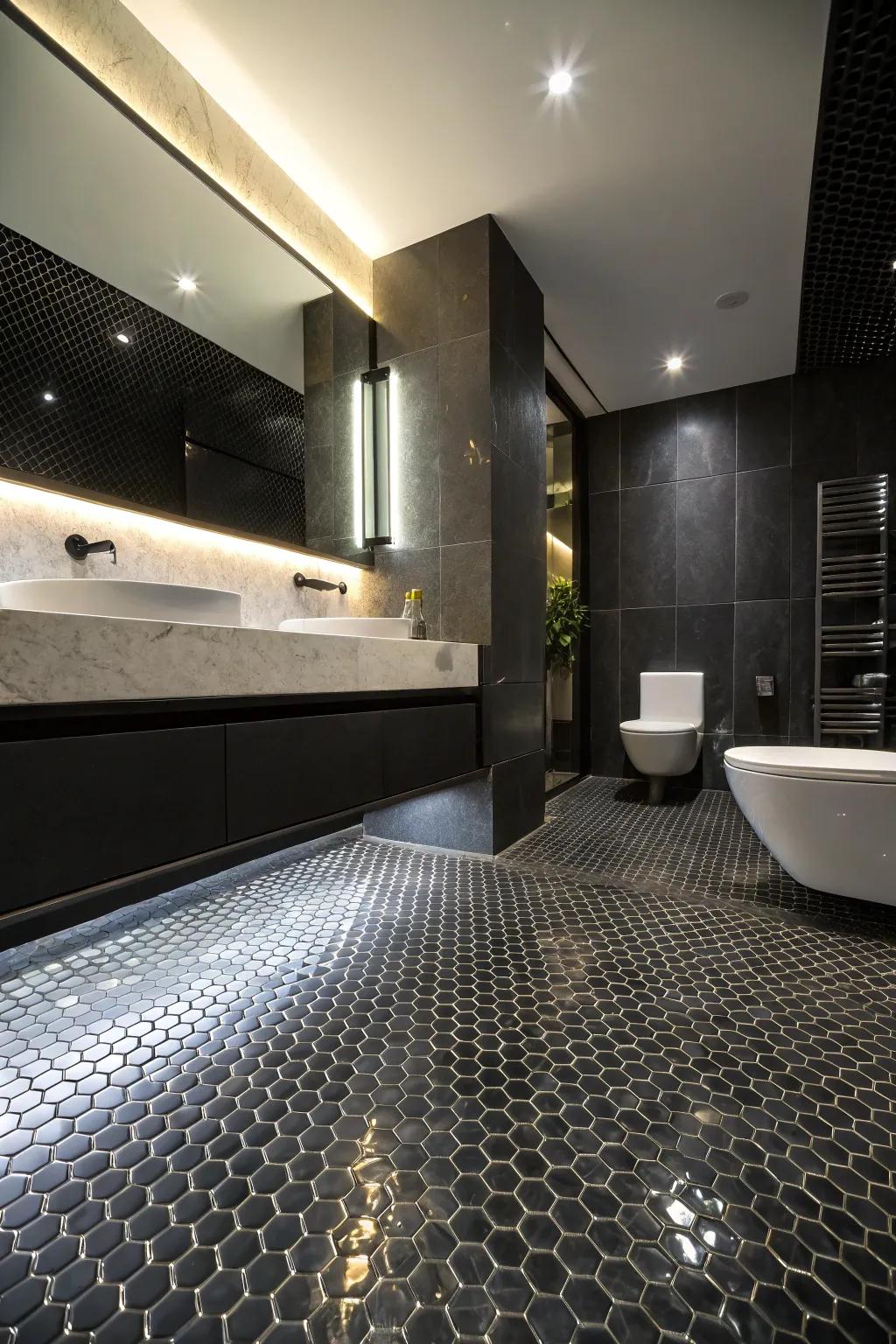 Sophisticated and dramatic bathroom with black penny tiles.
