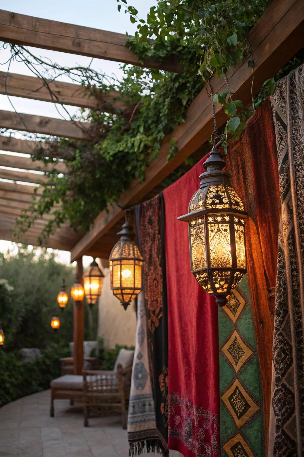 Moroccan elements add an exotic touch, creating an inviting and cozy space.
