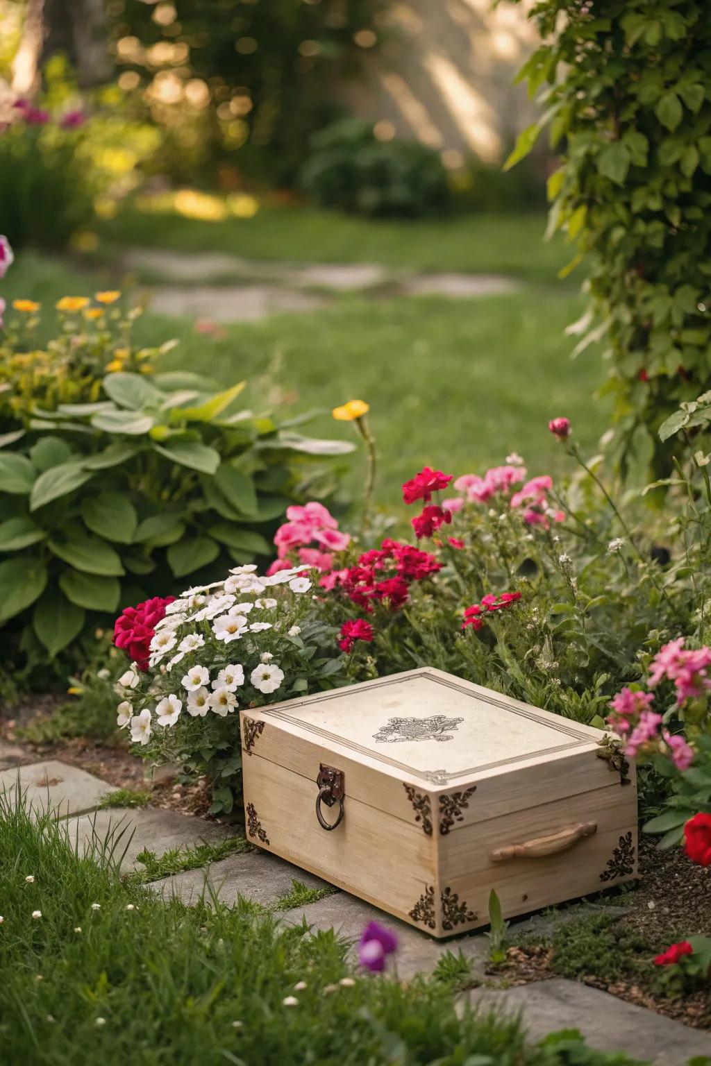 A memory chest holds cherished mementos, resting peacefully within the garden.