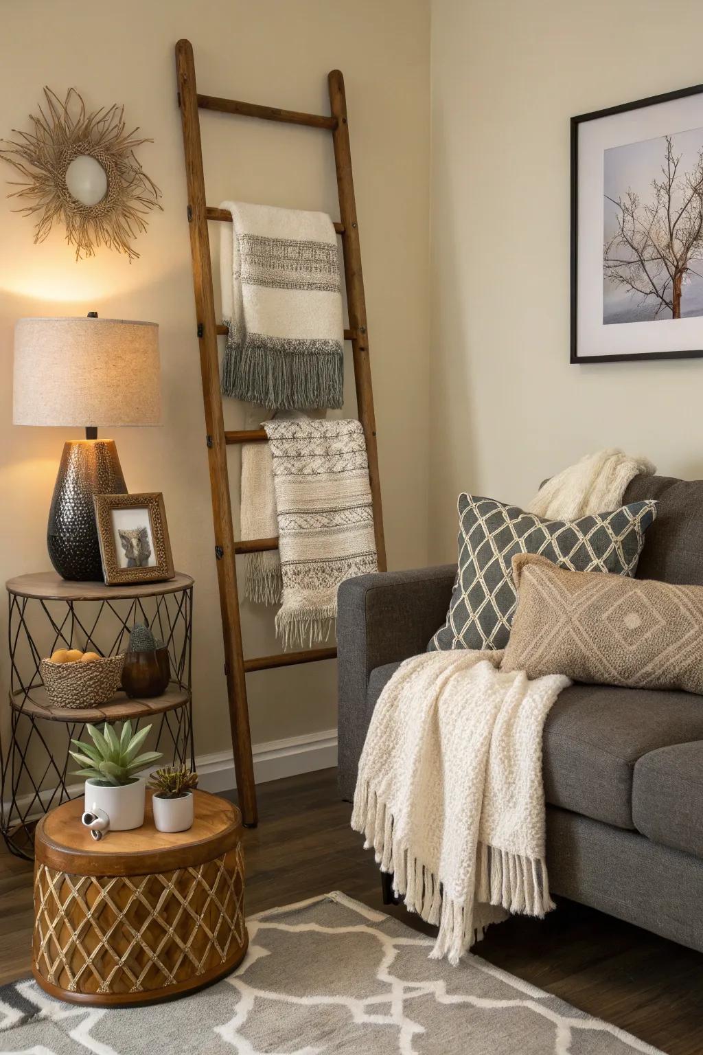 An attractive ladder used to display throws, adding design to the space.