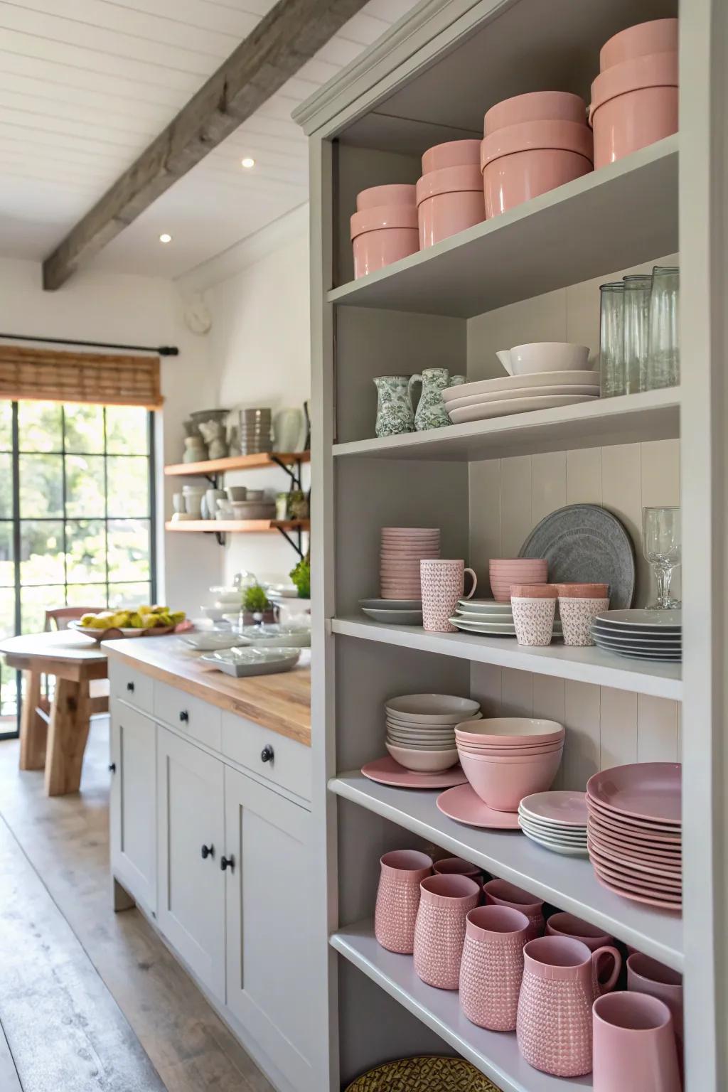 Open shelving featuring rose and grey for stylish storage.