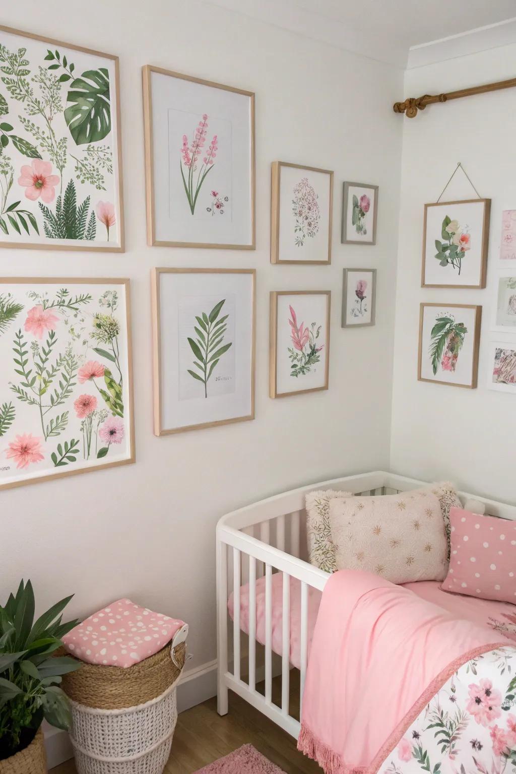 Botanical prints introduce a serene element within the nursery.