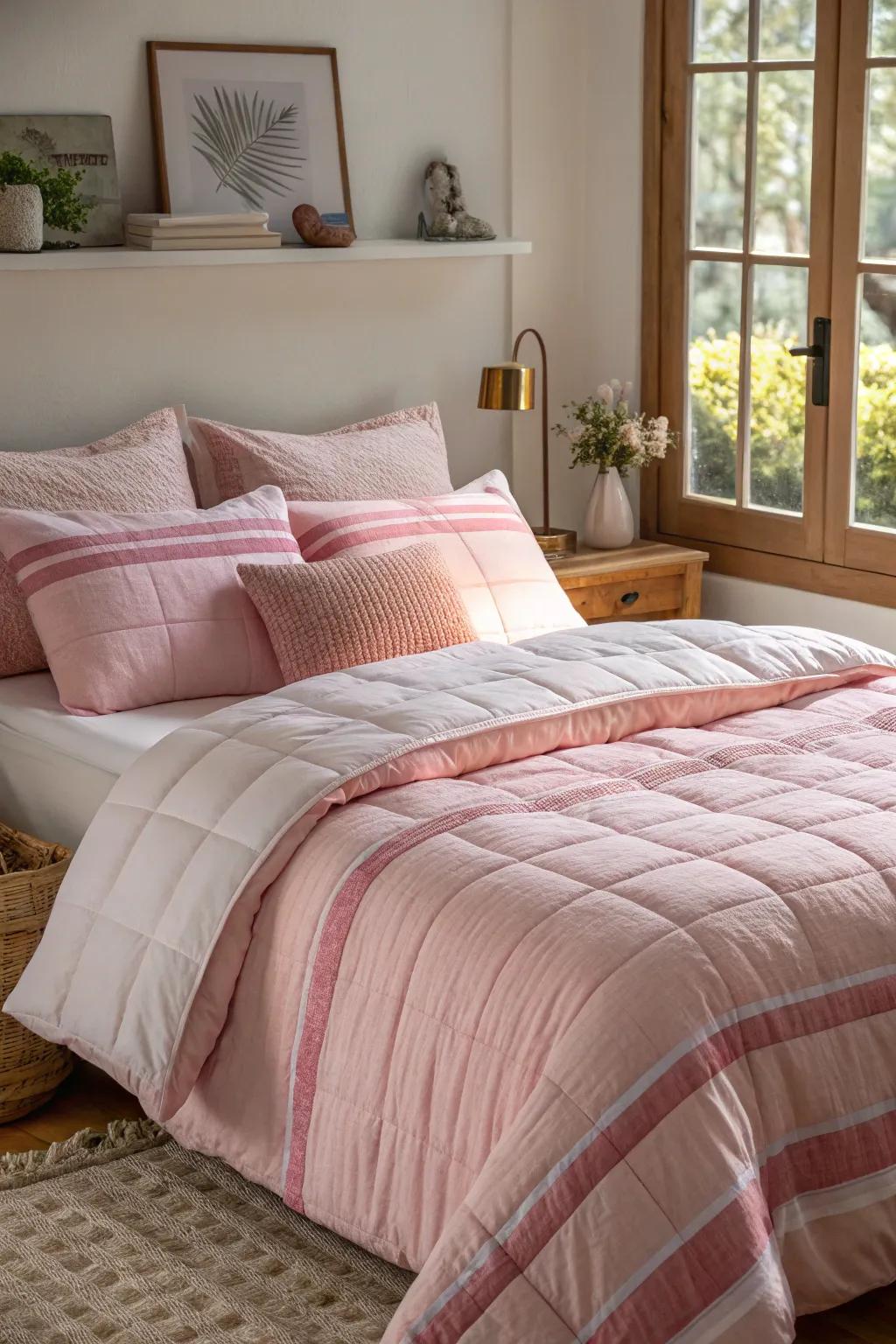 Laminated rose bedding introduces depth and coziness to this appealing bedroom.