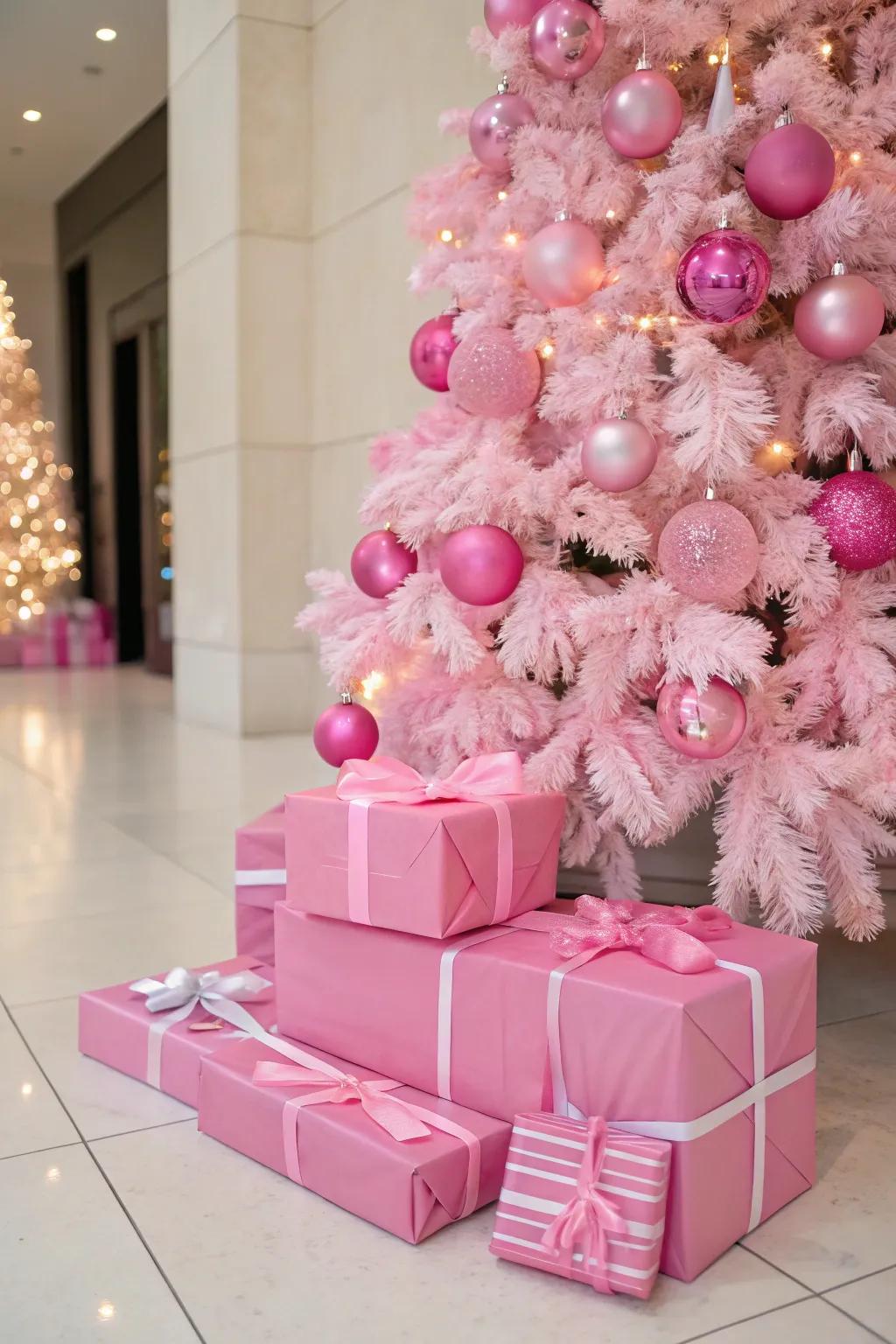 Rose-tinted gift receptacles finalize the aesthetic of this coordinated holiday vista.