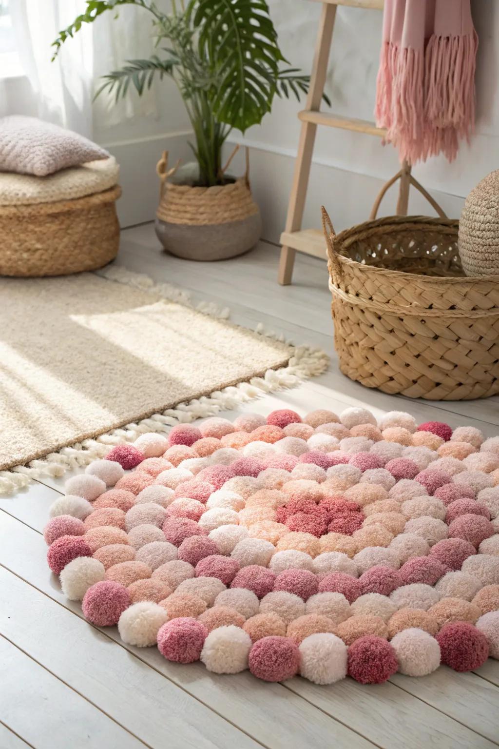 Embrace comfortable sophistication via this charming blush fluff ball rug, tailored for contributing a sensation of handcrafted beauty to your minimalist area.