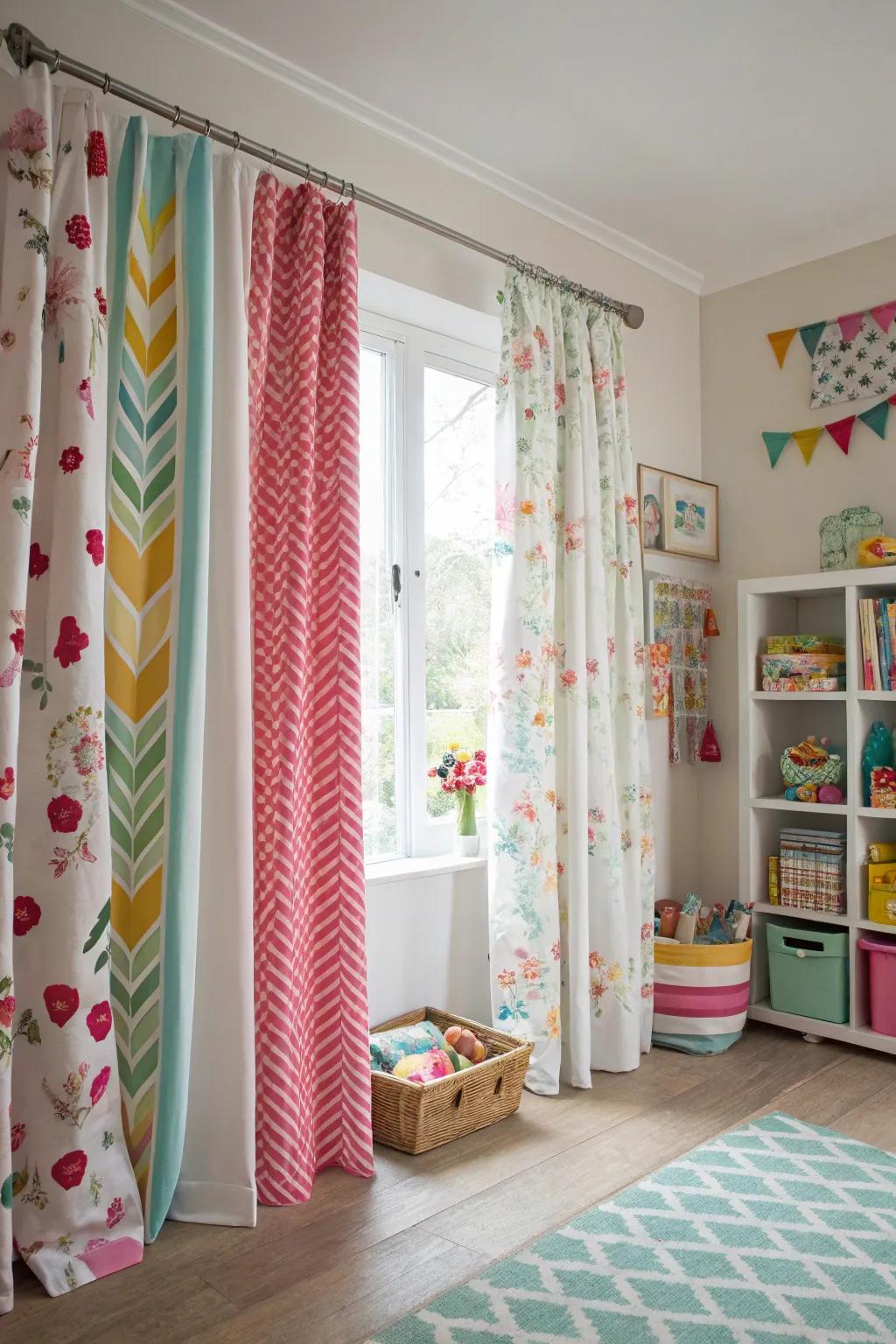Mixing drape styles adds visual interest to the playroom.