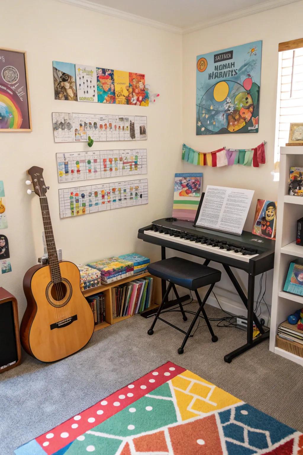 A music area adding a harmonious vibe within a playroom.