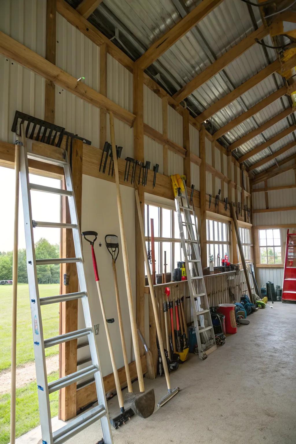 Overhead racks keep infrequently used items off the ground.