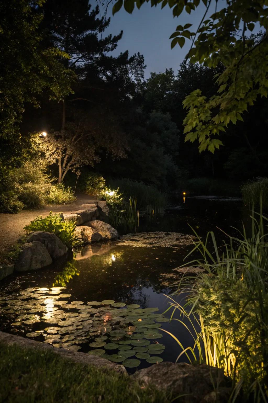 Lighting features highlight the pond's beauty and create a magical evening atmosphere.