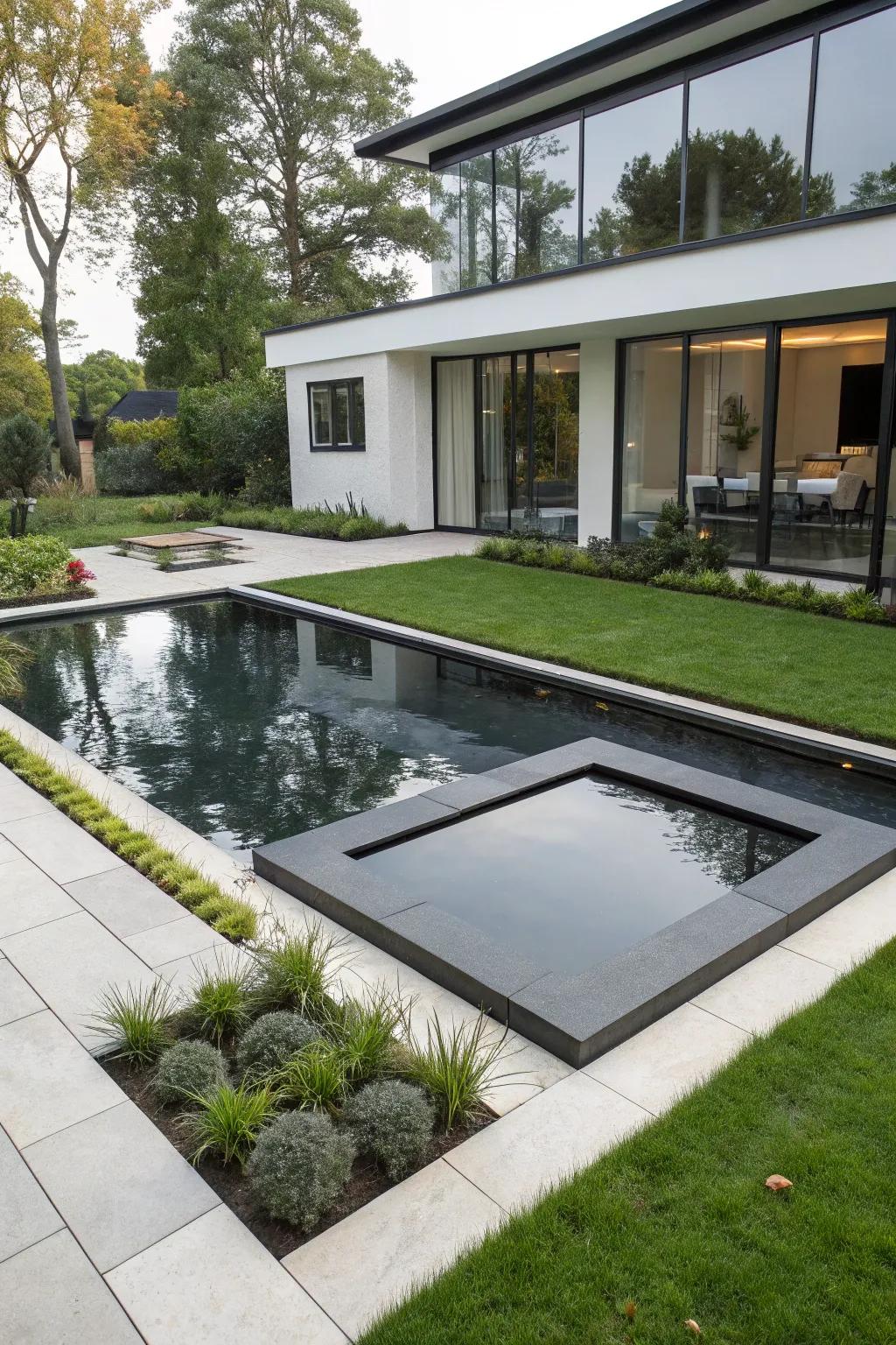 A polished modern shaped pond in a contemporary garden.