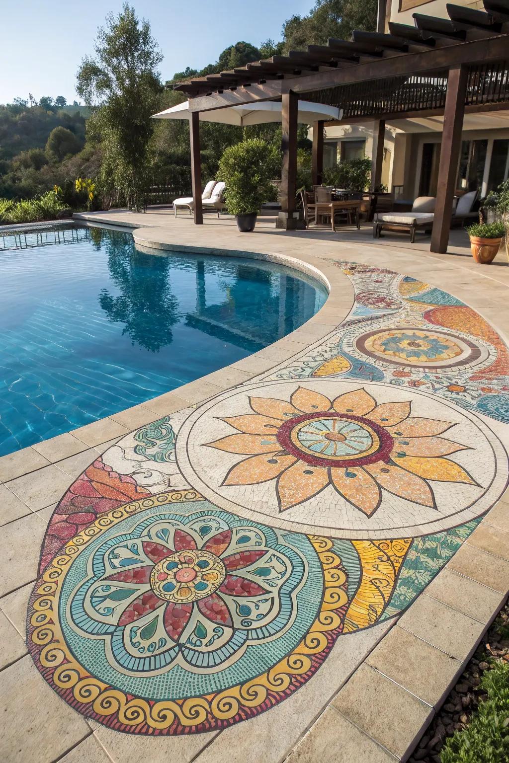 Concrete mosaic inlays turn your pool deck into a work of art.