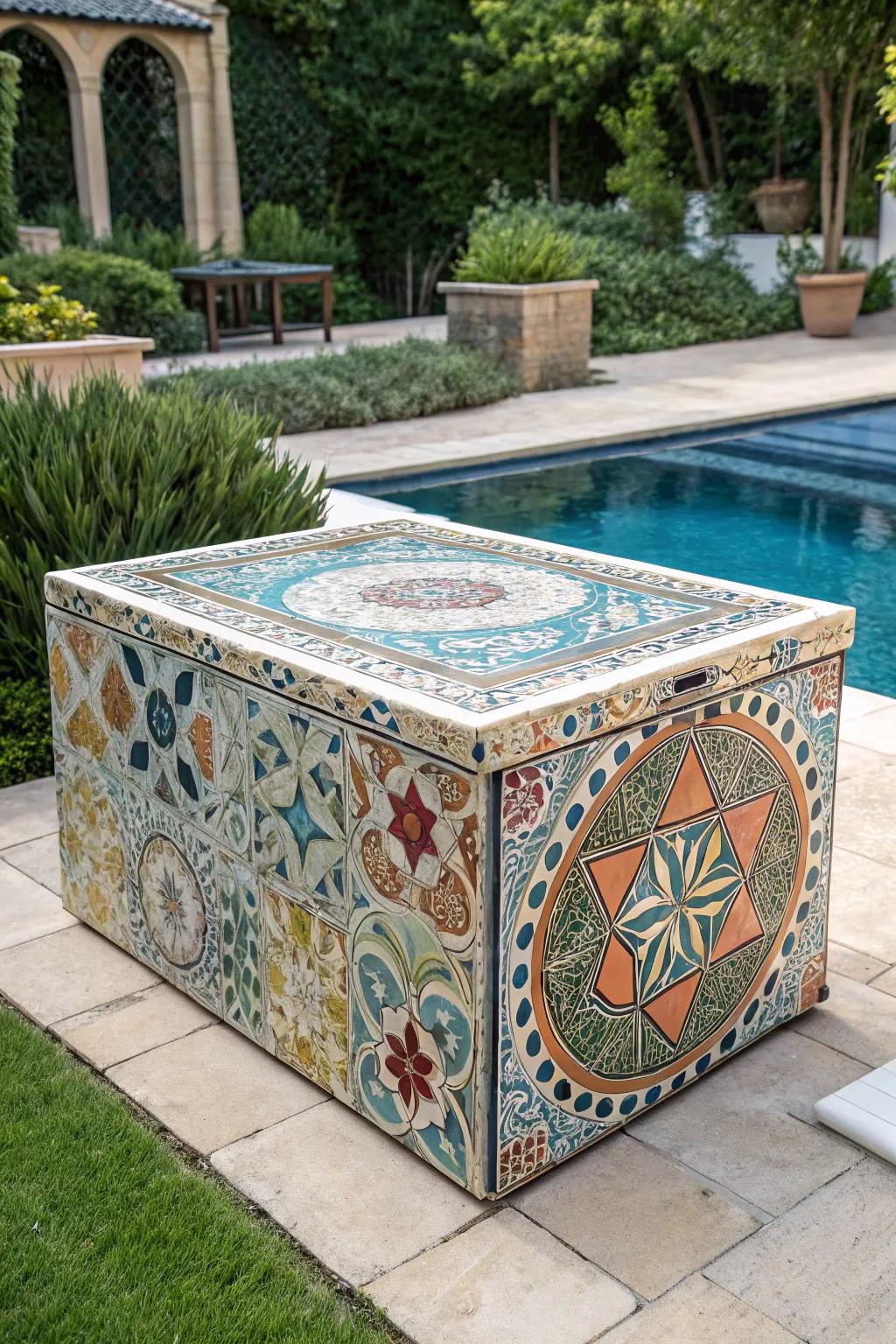 The mosaic tile box brings an artistic splash to the area.
