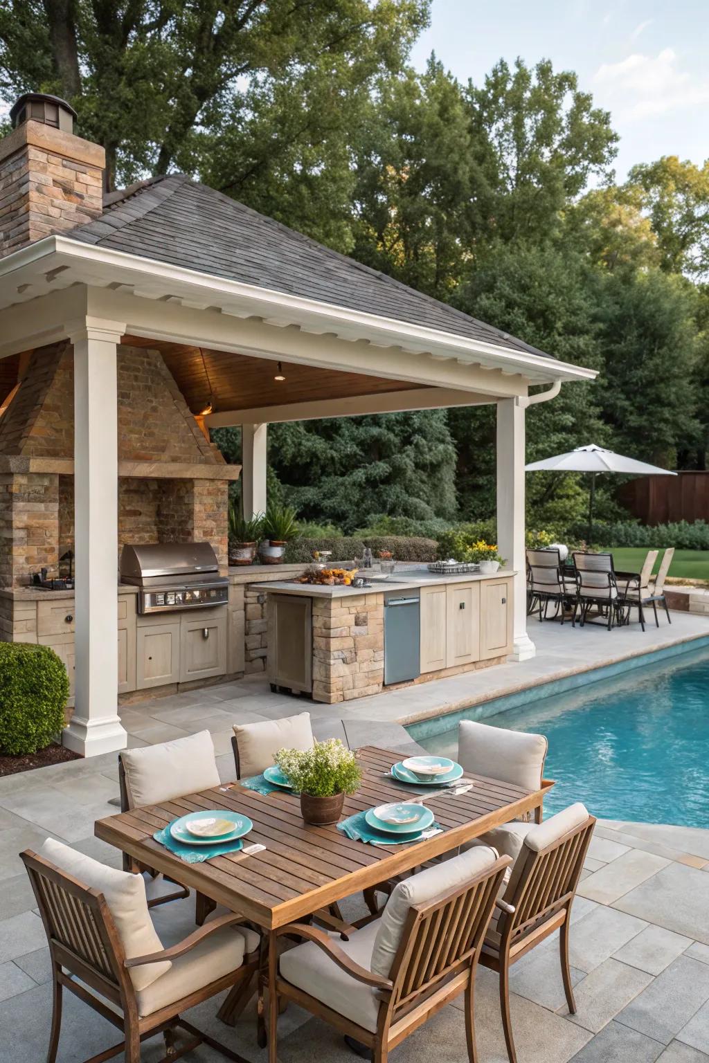 A pool house featuring an outstanding outdoor cooking space.