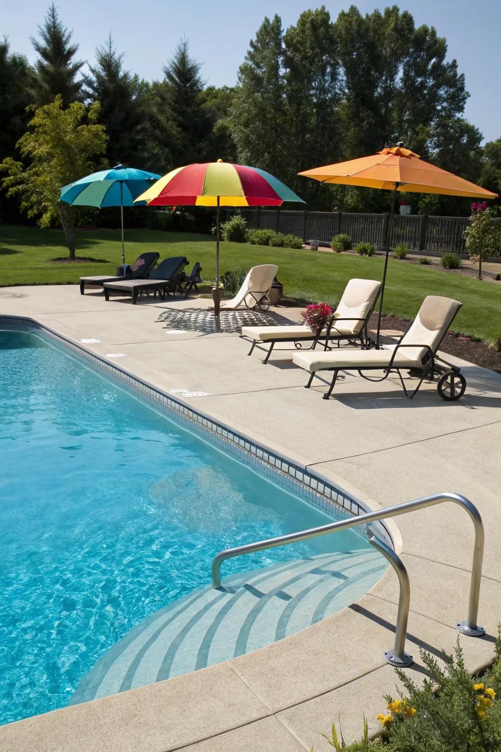 A relaxing tanning ledge in a backyard pool.