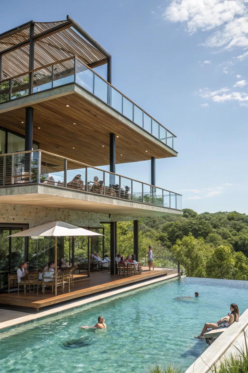 Multi-level pavilions provide dynamic spaces with both sun and shade options.