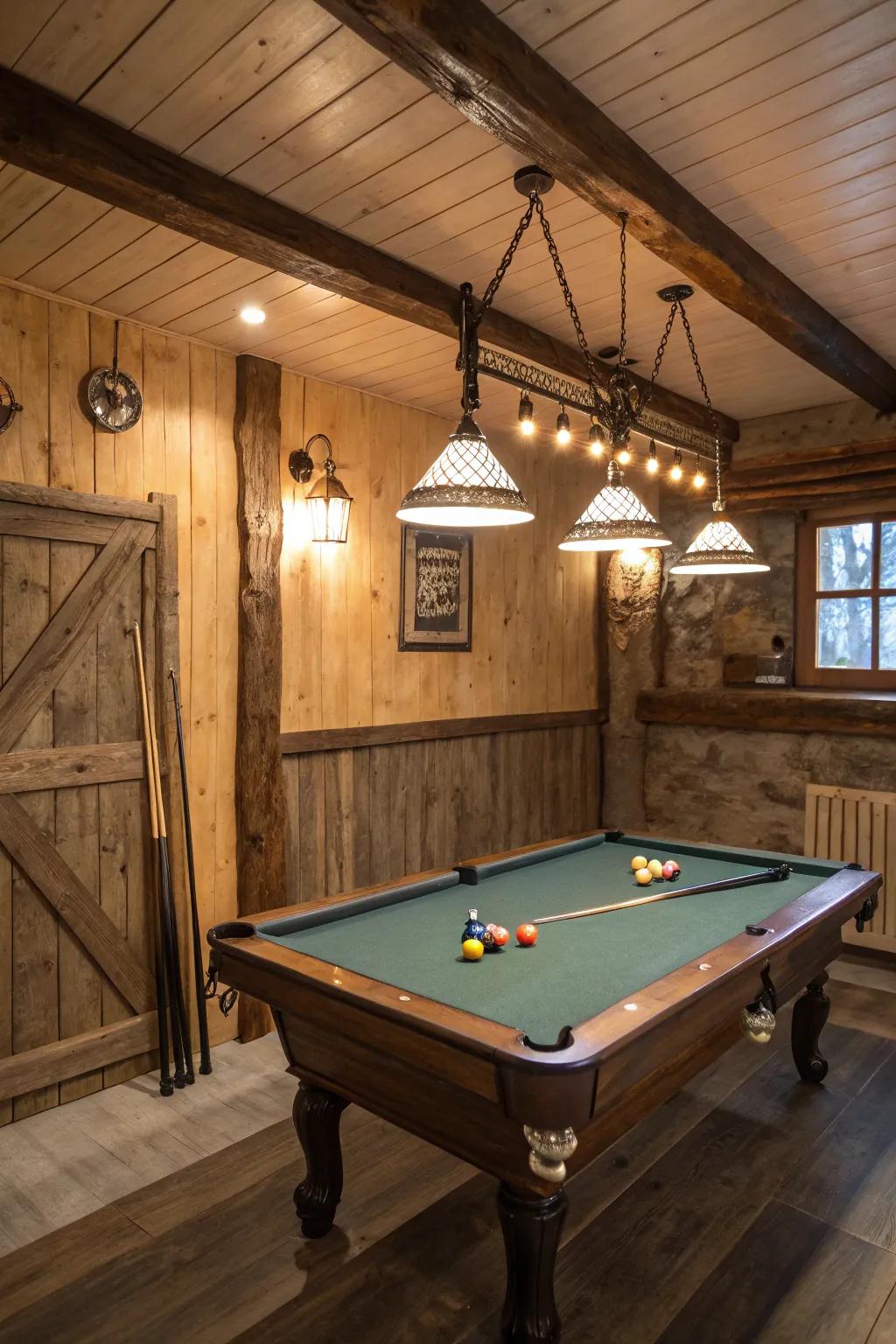 A cohesive design brings style and unity to a small pool table room.