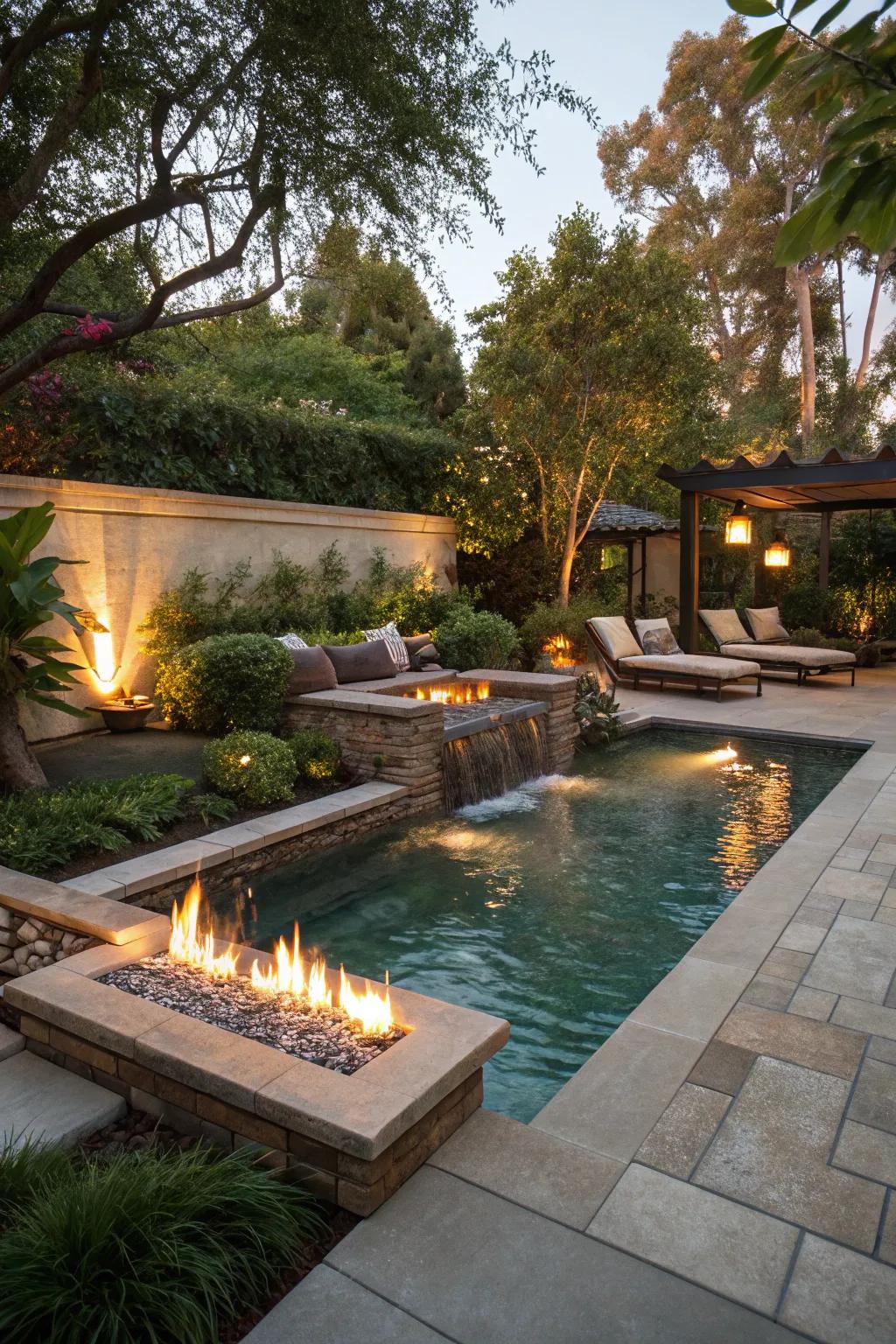 Fire and water aspects create an enchanting and dramatic poolside ambiance.