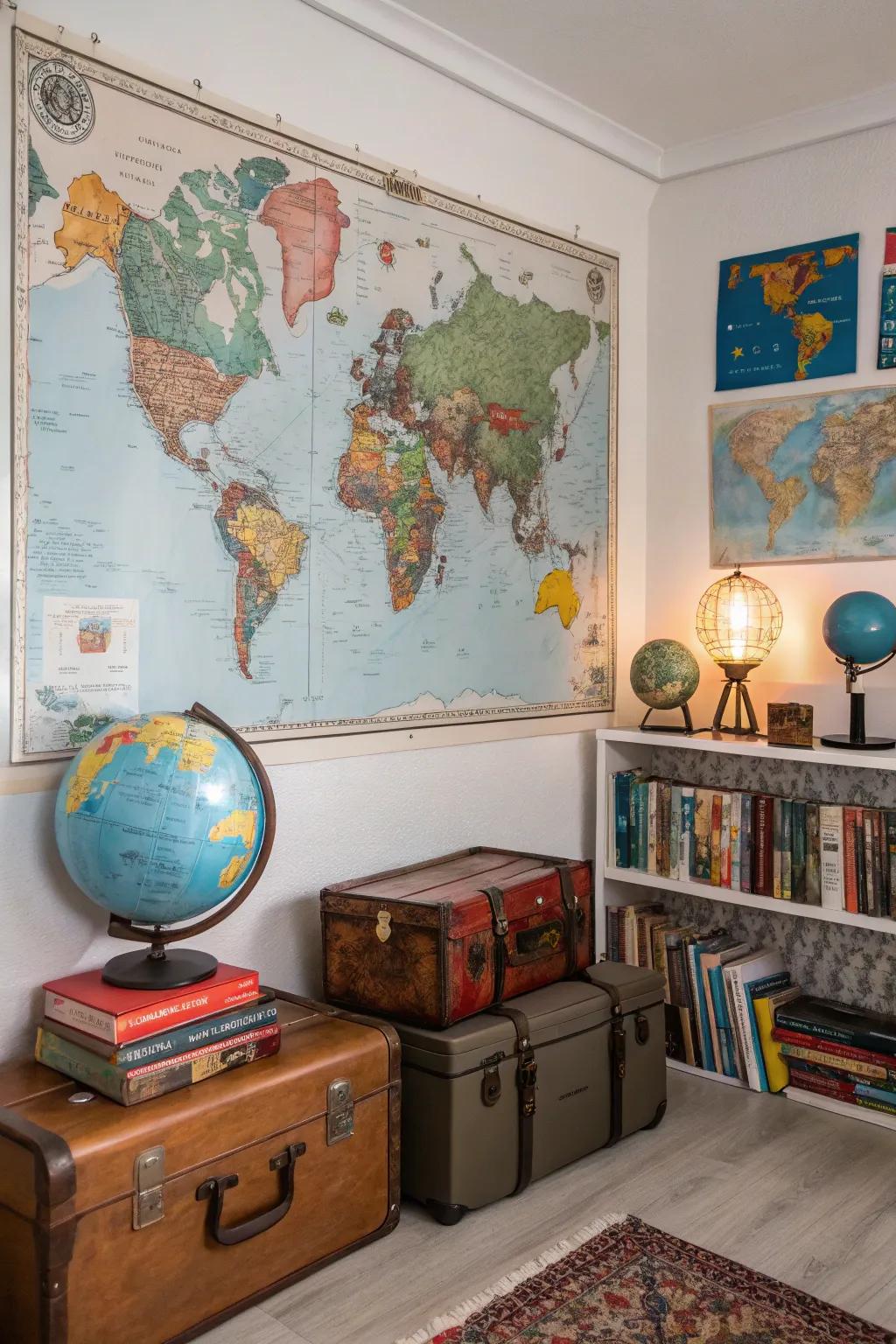 A travel-themed room with posters of world maps and landmarks.