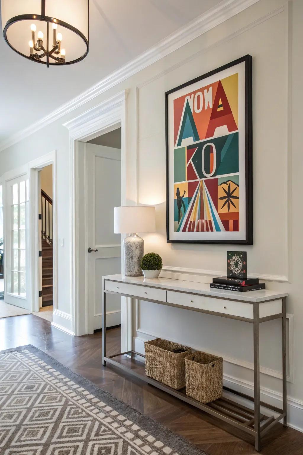 An abstract name poster contributing allure to an entryway.