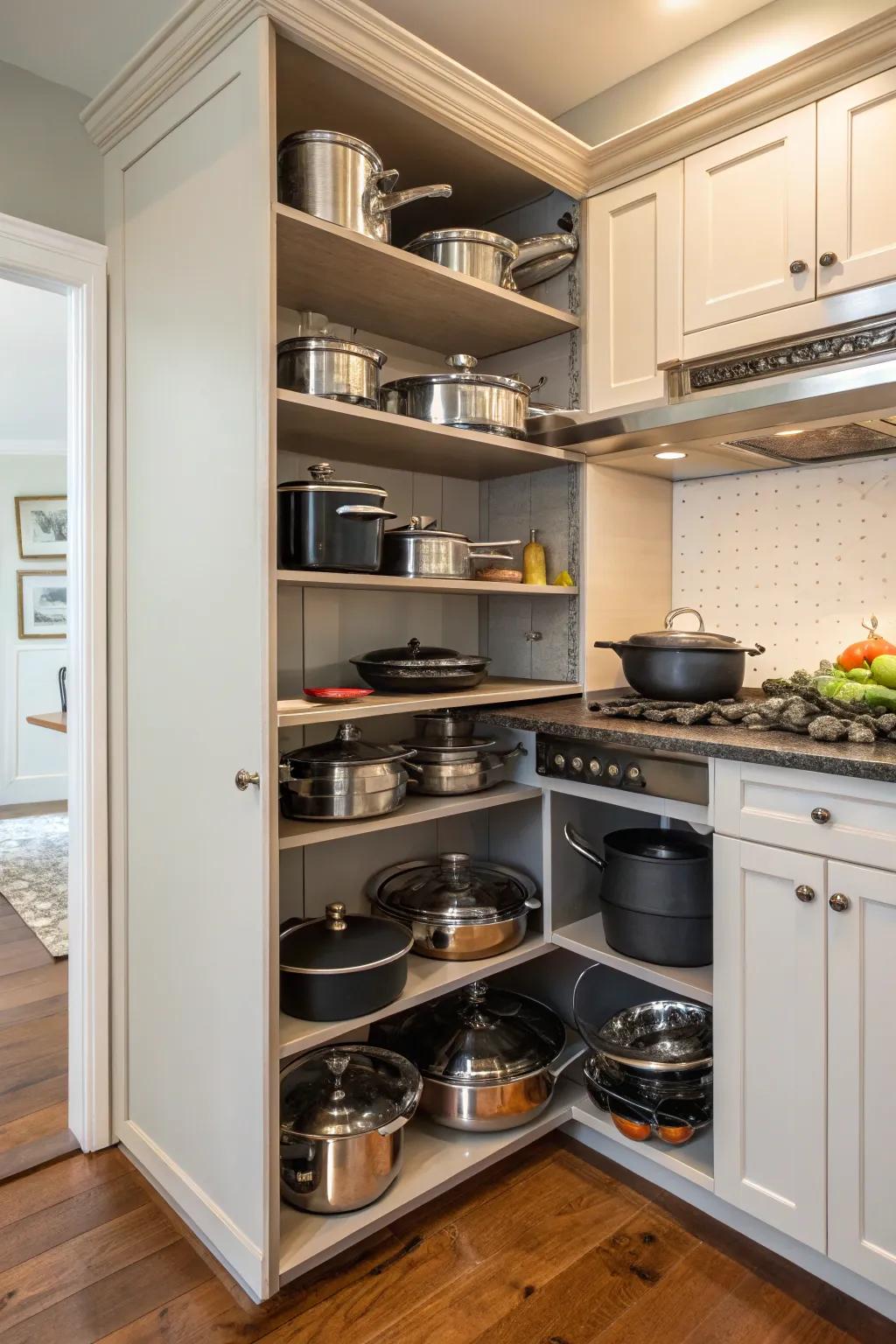 Corner shelves maximize storage in otherwise underutilized spaces.