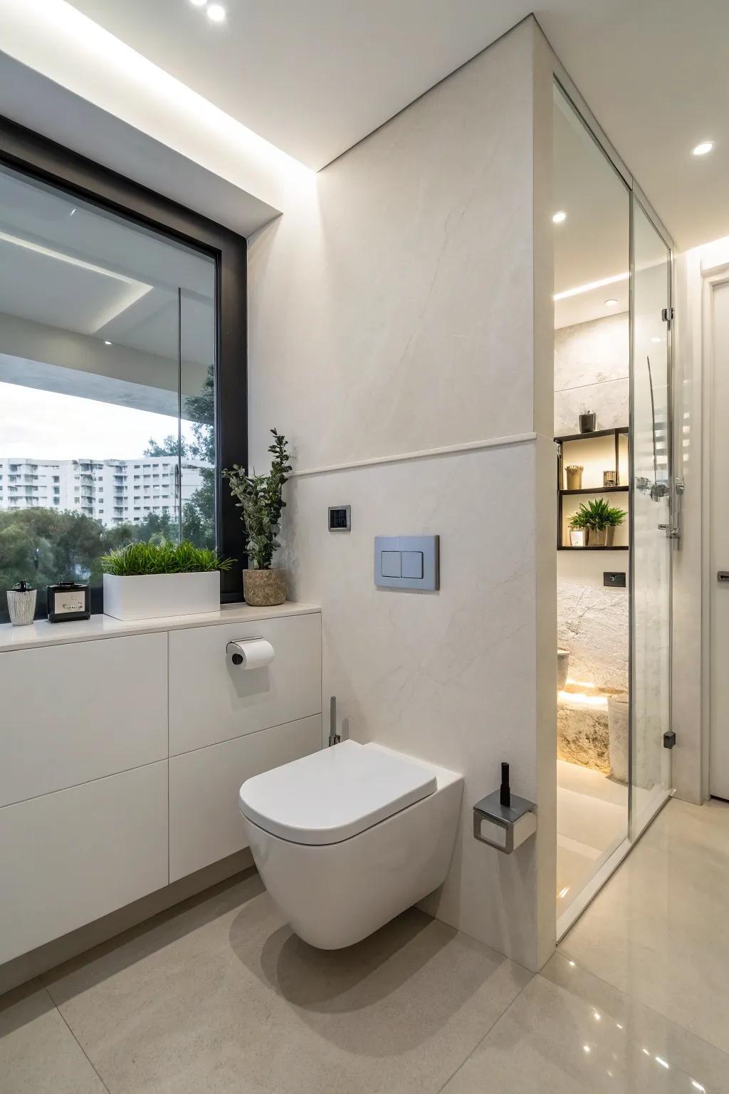 A contemporary half-bath featuring a space-efficient mounted toilet.
