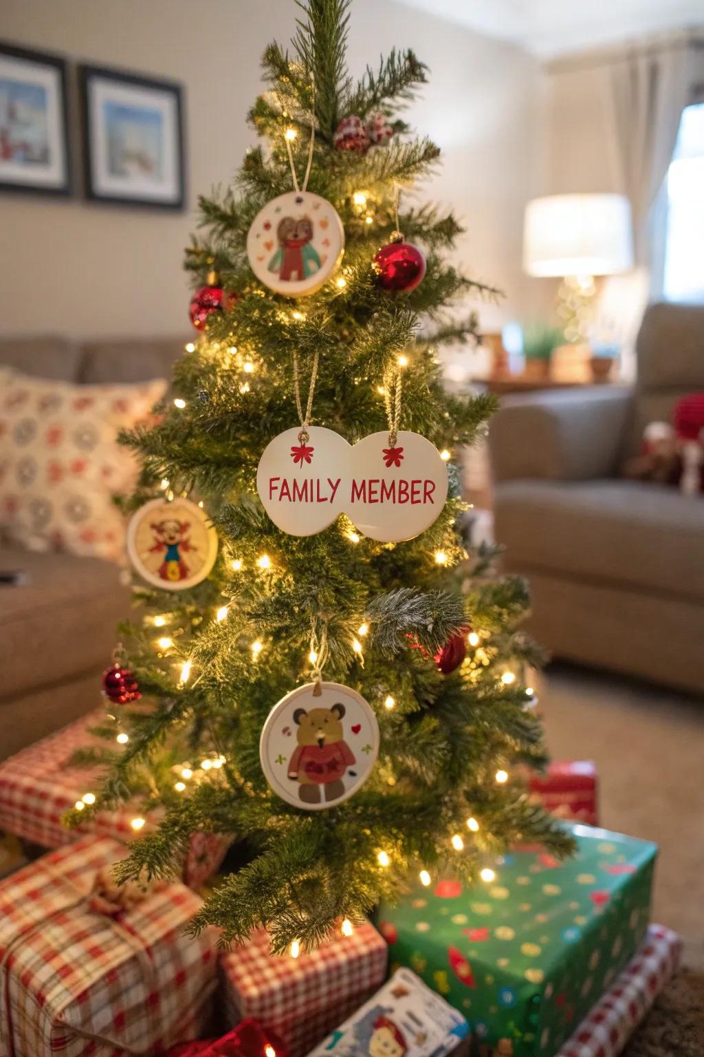 Personalized ornaments add a unique touch to the Christmas tree.