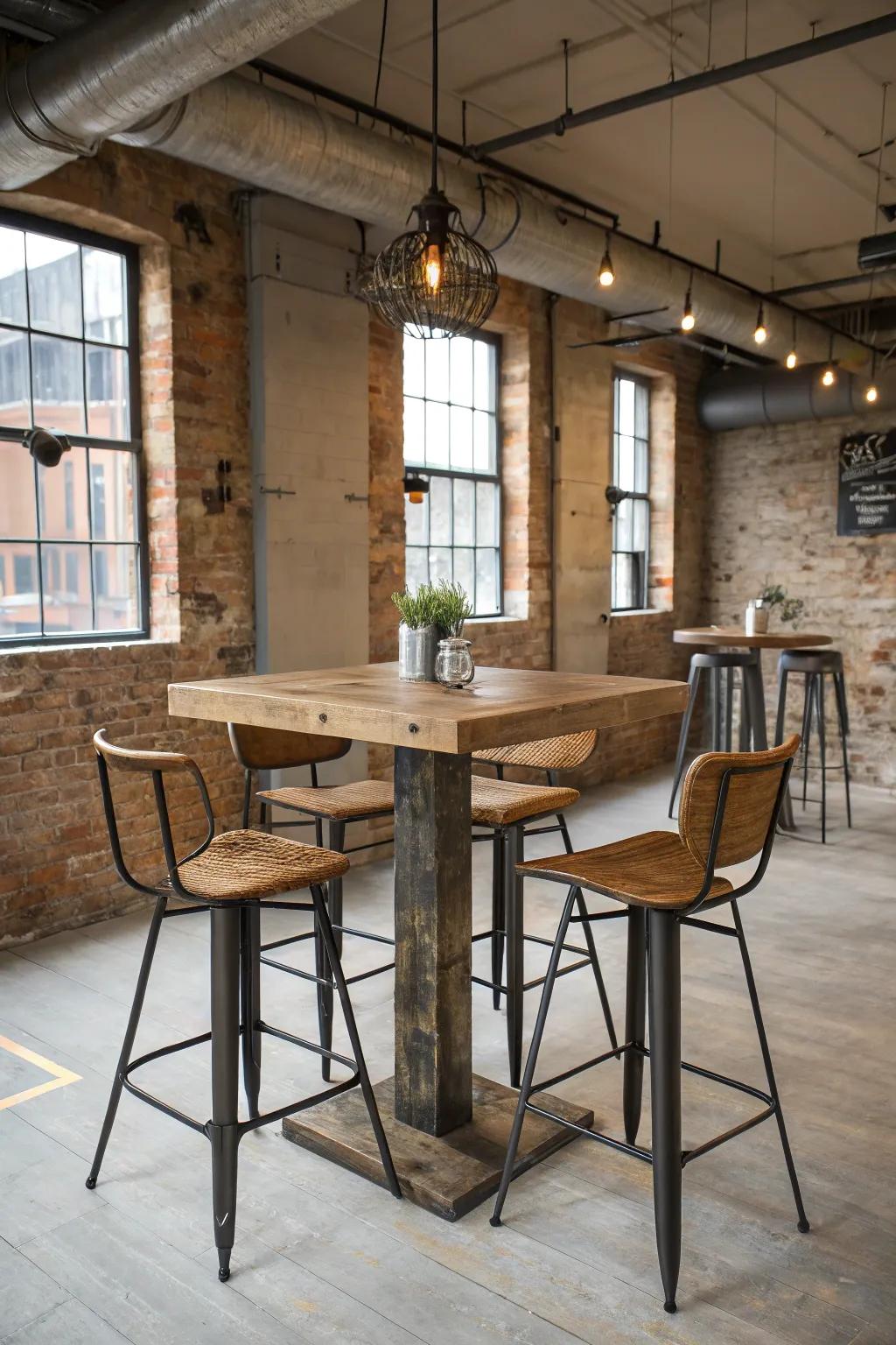 Urban boldness encounters utility with industrial chic pub tables.