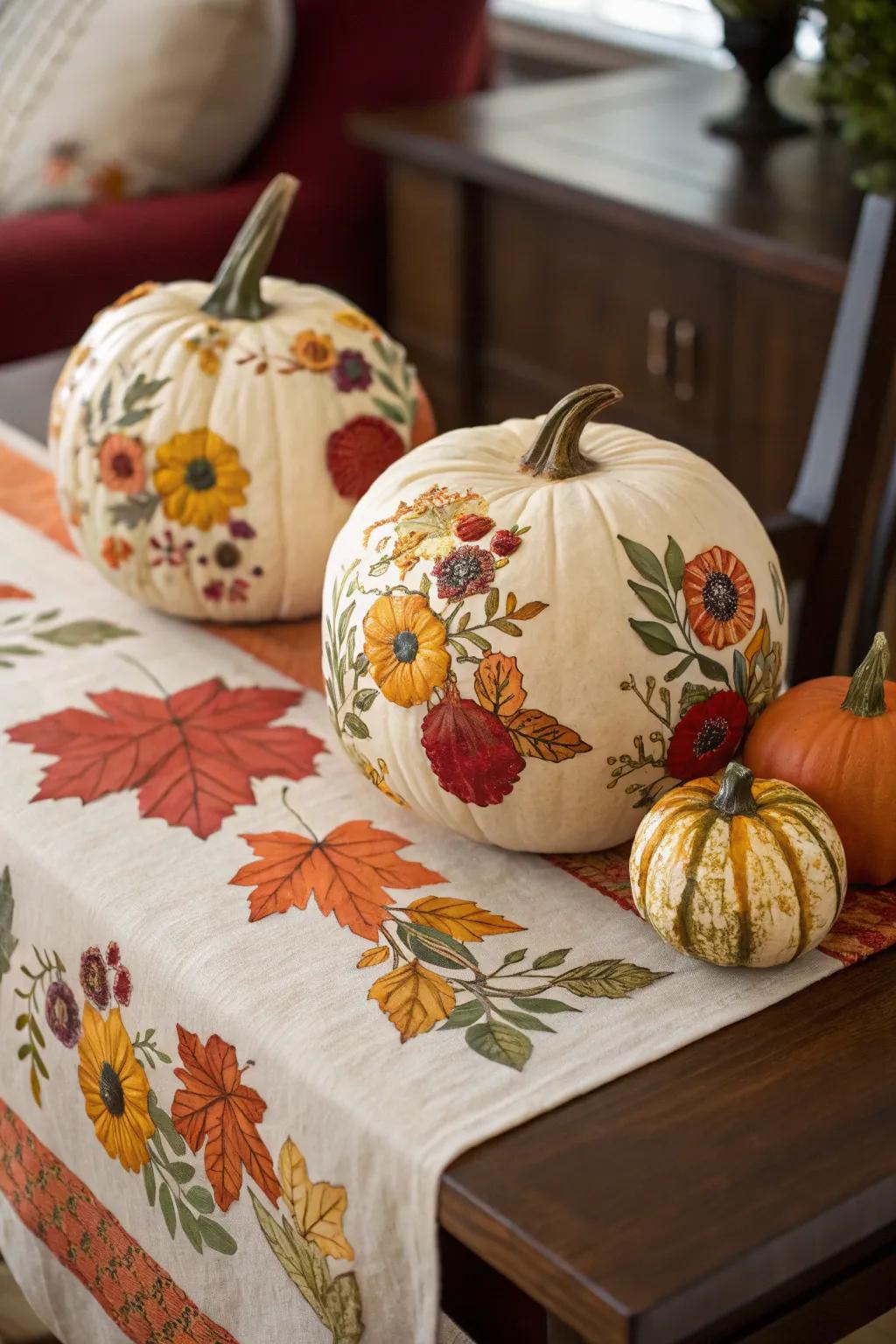 Special pumpkins with detailed picture designs.