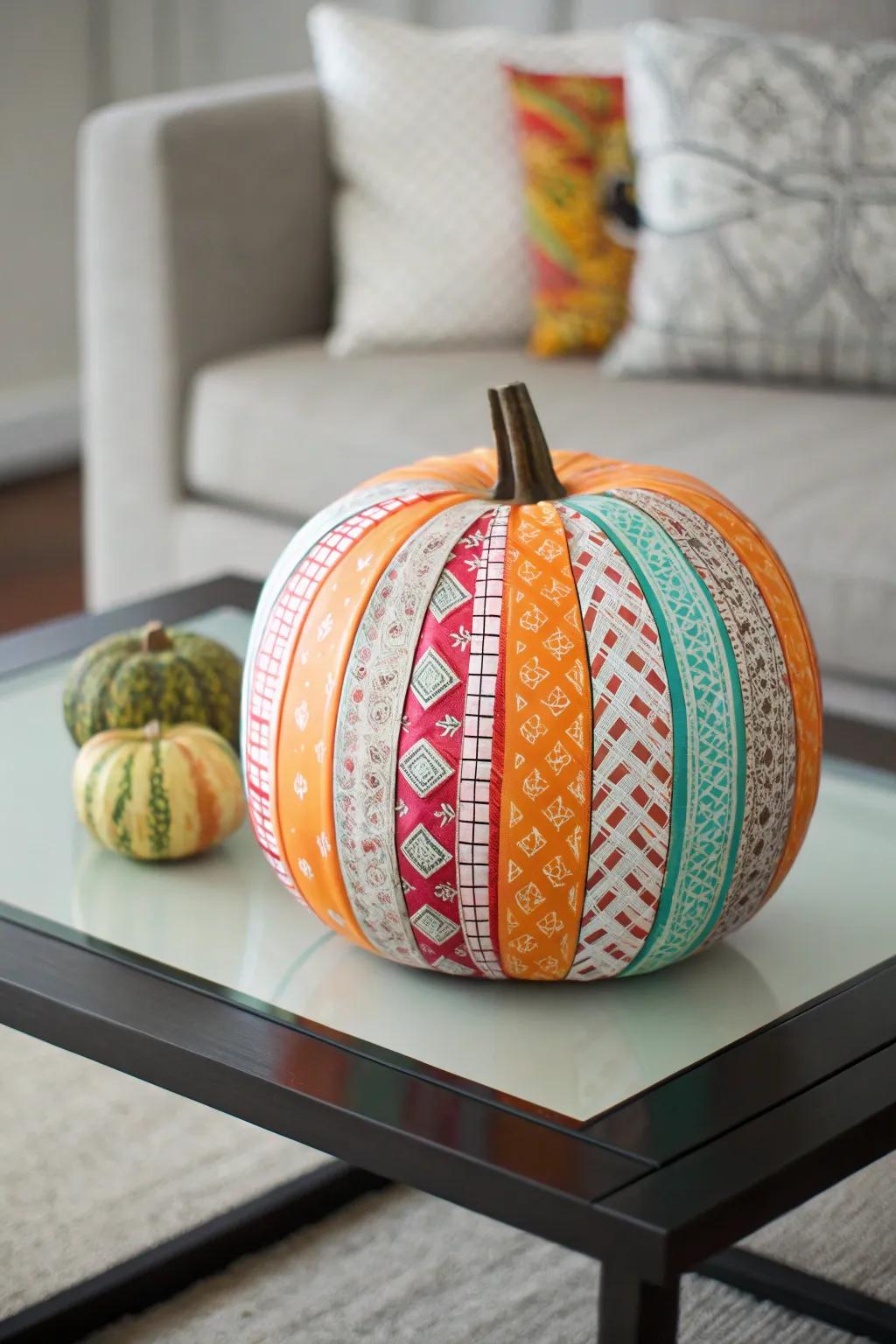 Washi tape transforms ordinary pumpkins into extraordinary art pieces.